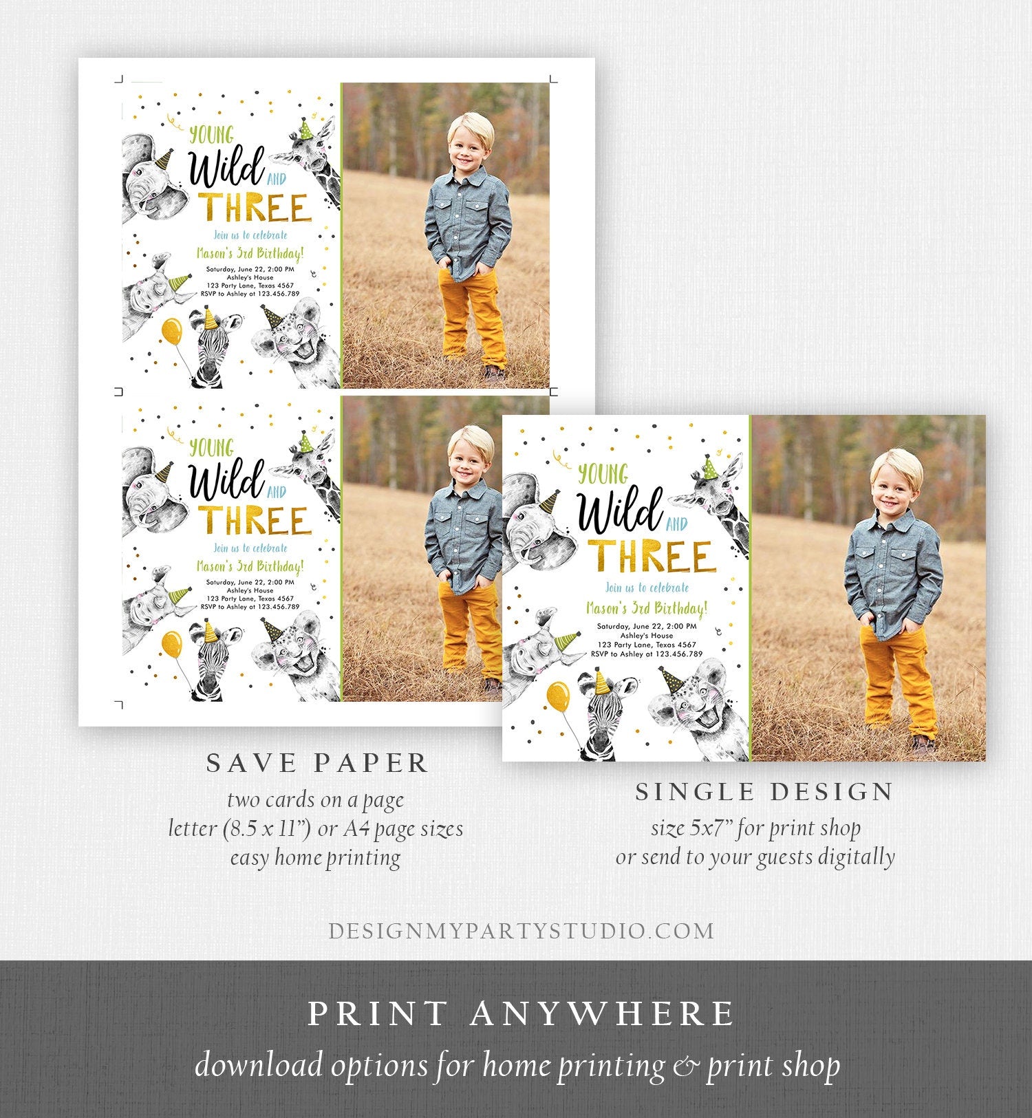 Editable Young Wild and Three Birthday Invitation Boy Green Gold Third 3rd Safari Animals Download Printable Template Digital Corjl 0390