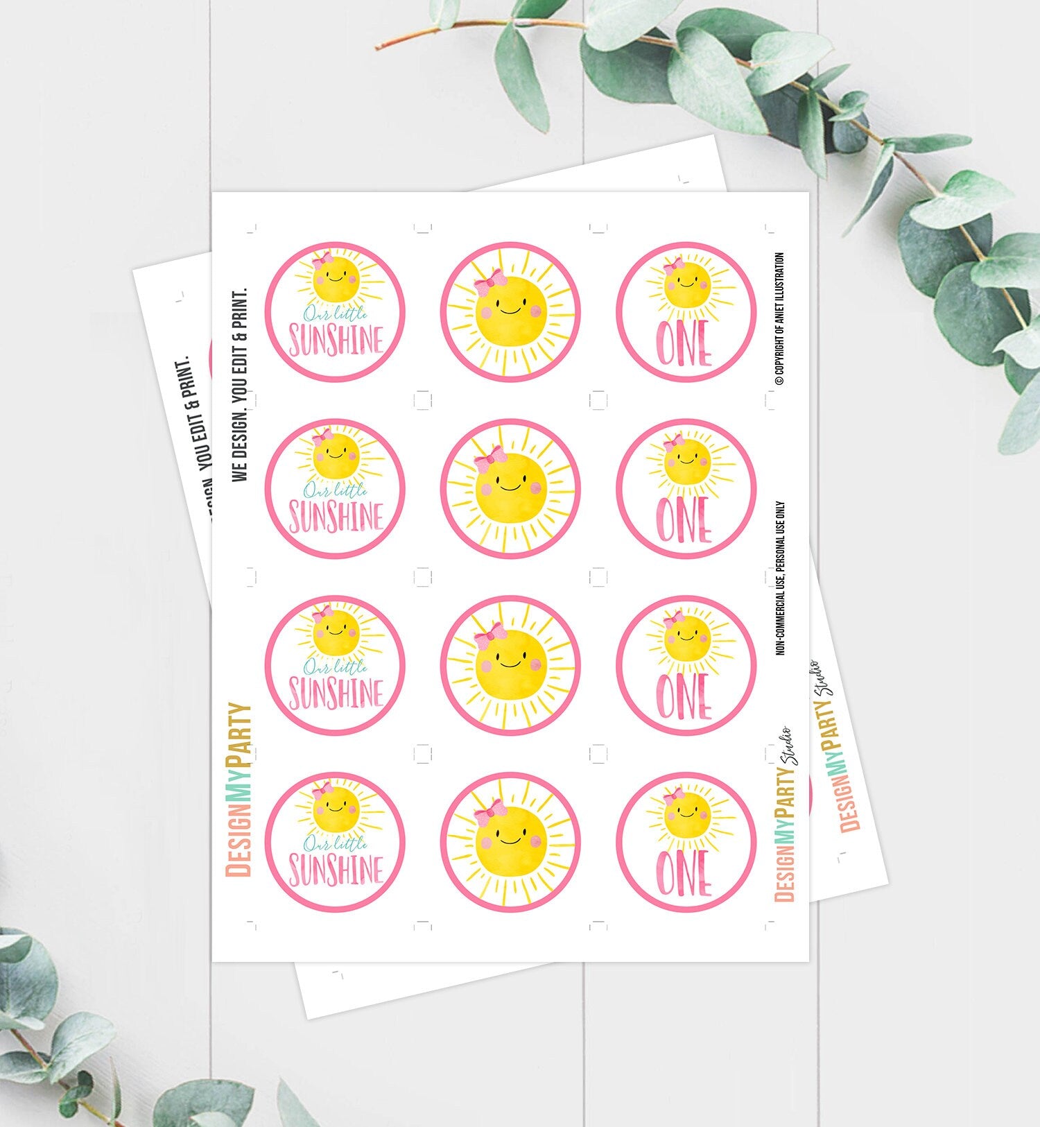 Sunshine Birthday Cupcake Toppers Favor Tags Sunshine Party Little Sunshine Decor Girl Pink 1st Stickers Download Digital PRINTABLE 0141