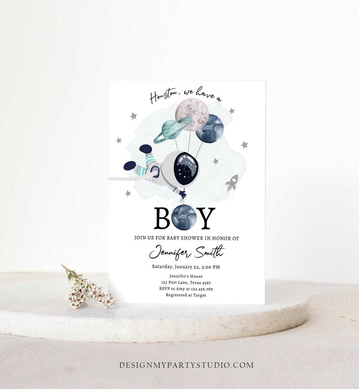 Editable Space Astronaut Baby Shower Invitation Galaxy Houston It's a Boy Blue Planets Moon Countdown Template Instant Download Corjl 0366