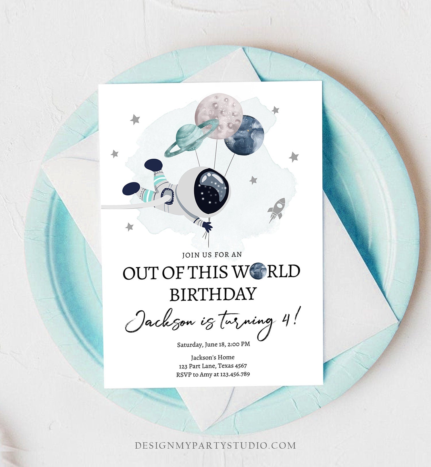 Editable Out of This World Birthday Invitation Outer Space Planets Rocket Galaxy Astronaut Silver Boy Digital Evite Template Printable 0366