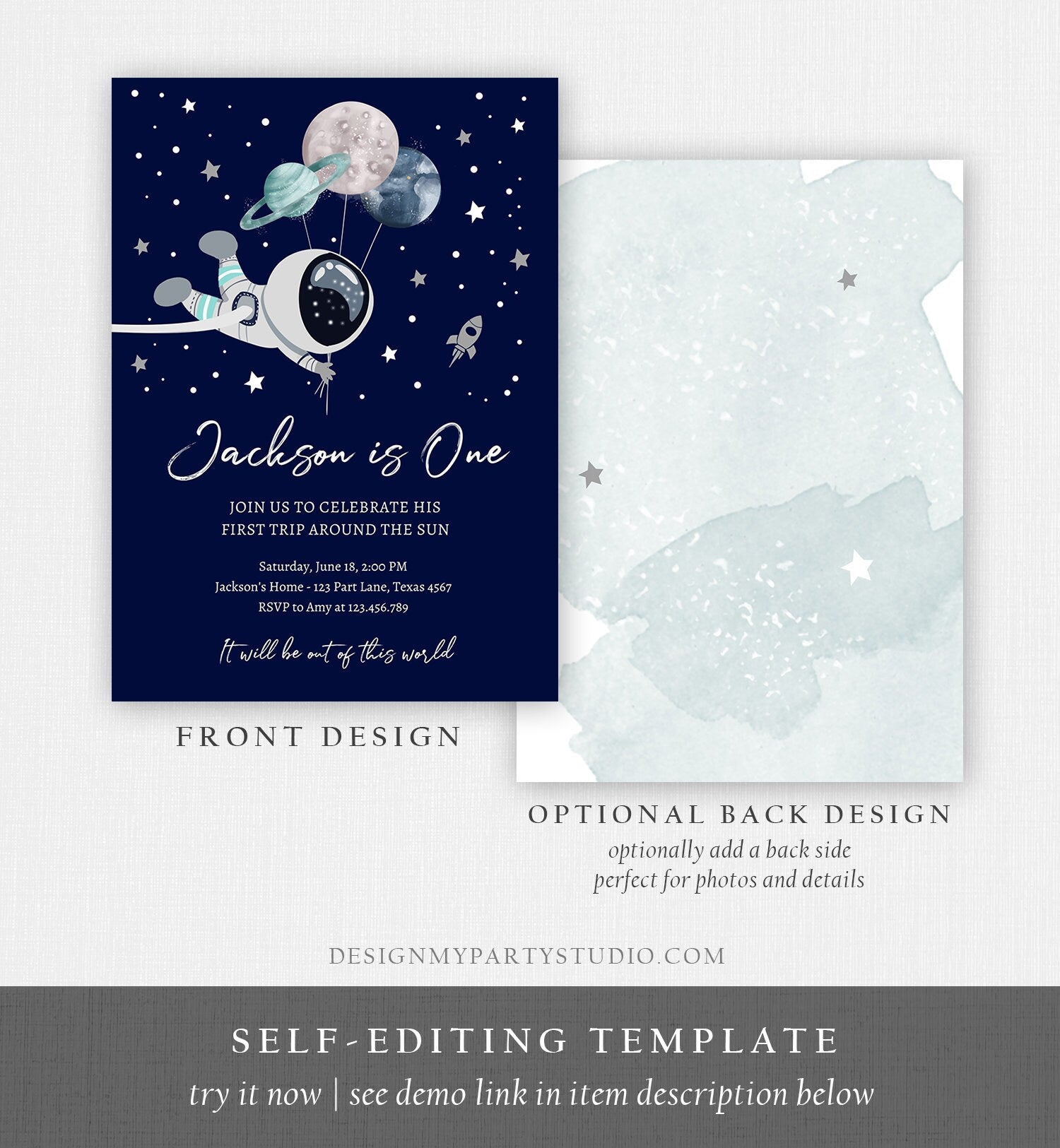 Editable Outer Space Birthday Invitation Out of this World Astronaut Trip Around the Sun Download Printable Template Digital Corjl 0366