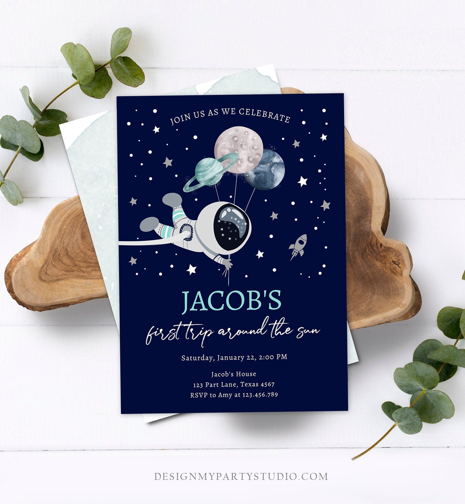 Editable Out of This World Birthday Invitation Outer Space Planets Rocket Ship Galaxy Astronaut Silver Boy Corjl Template Printable 0366