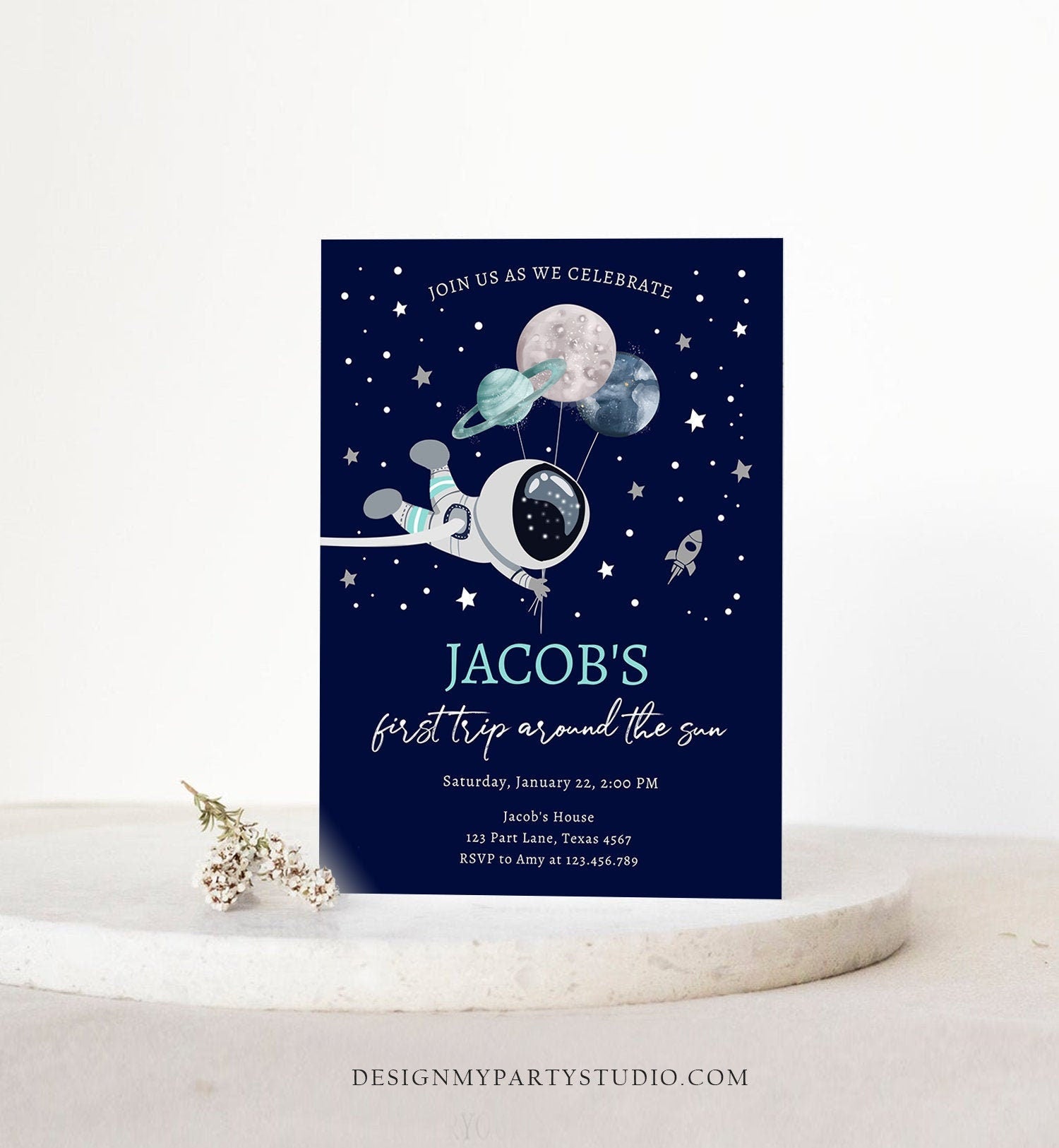 Editable Out of This World Birthday Invitation Outer Space Planets Rocket Ship Galaxy Astronaut Silver Boy Corjl Template Printable 0366