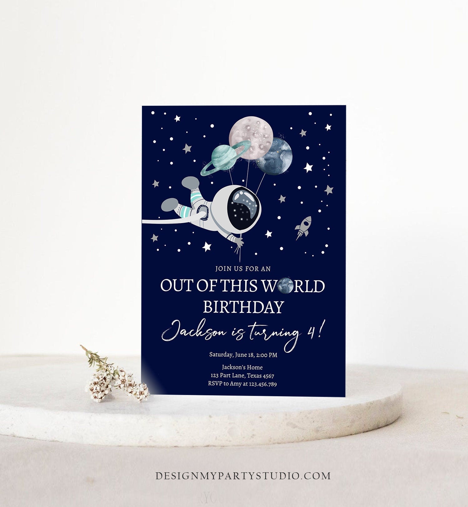 Editable Out of This World Birthday Invitation Outer Space Planets Rocket Ship Galaxy Astronaut Silver Boy Corjl Template Printable 0366