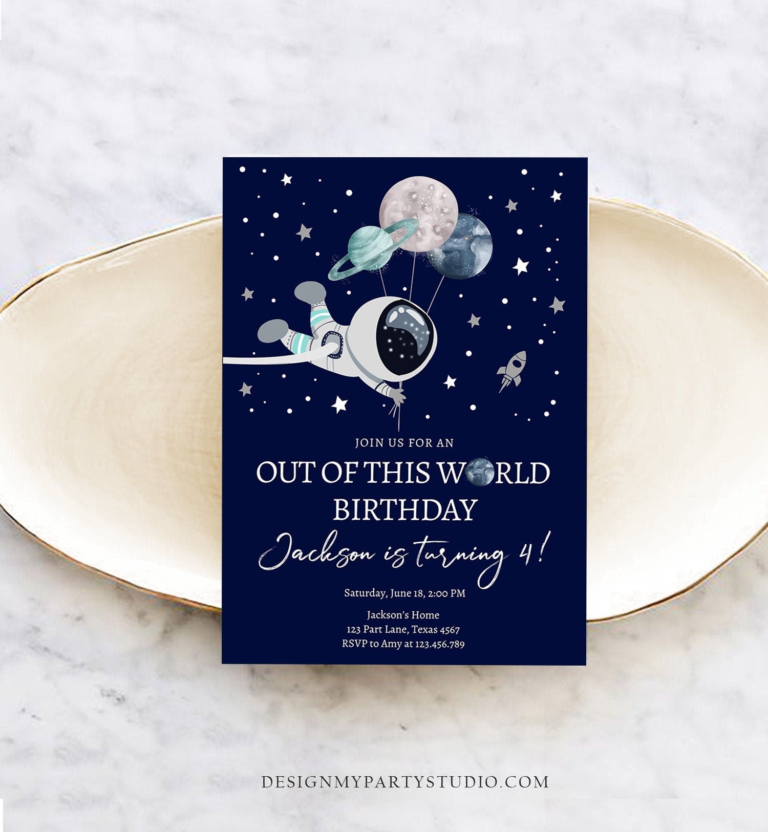 Editable Out of This World Birthday Invitation Outer Space Planets Rocket Ship Galaxy Astronaut Silver Boy Corjl Template Printable 0366