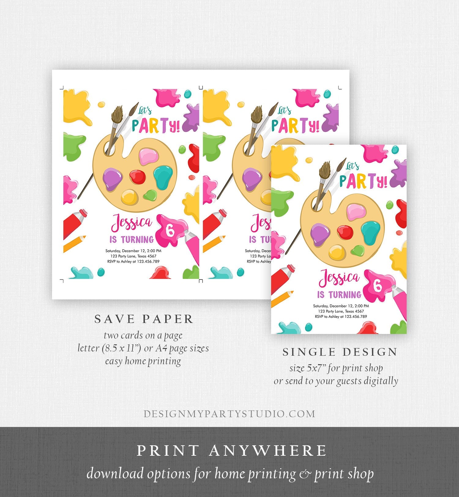 Editable Painting Party Invitation Art Party Birthday Invite Girl Pink Paint Craft Party Download Printable Template Digital Corjl 0319