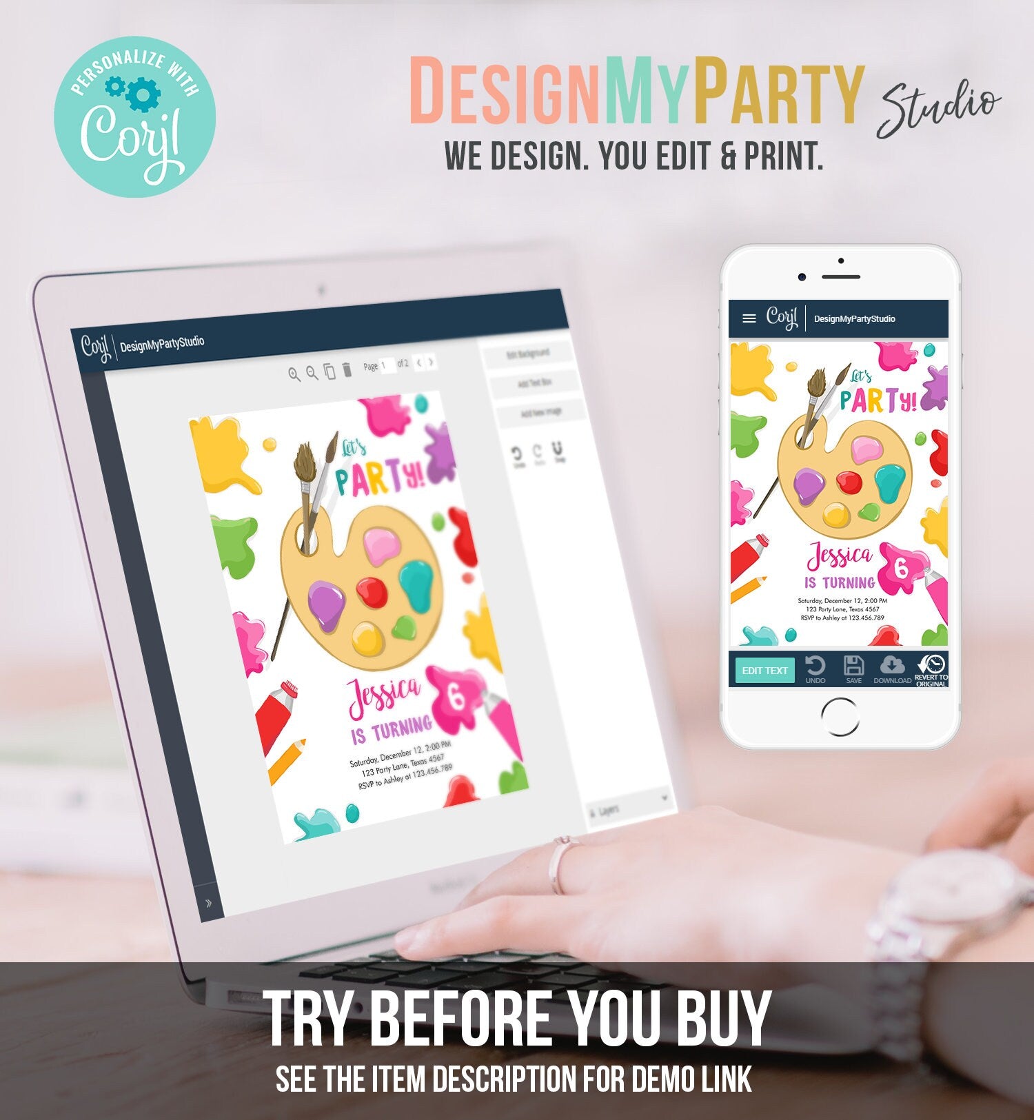 Editable Painting Party Invitation Art Party Birthday Invite Girl Pink Paint Craft Party Download Printable Template Digital Corjl 0319