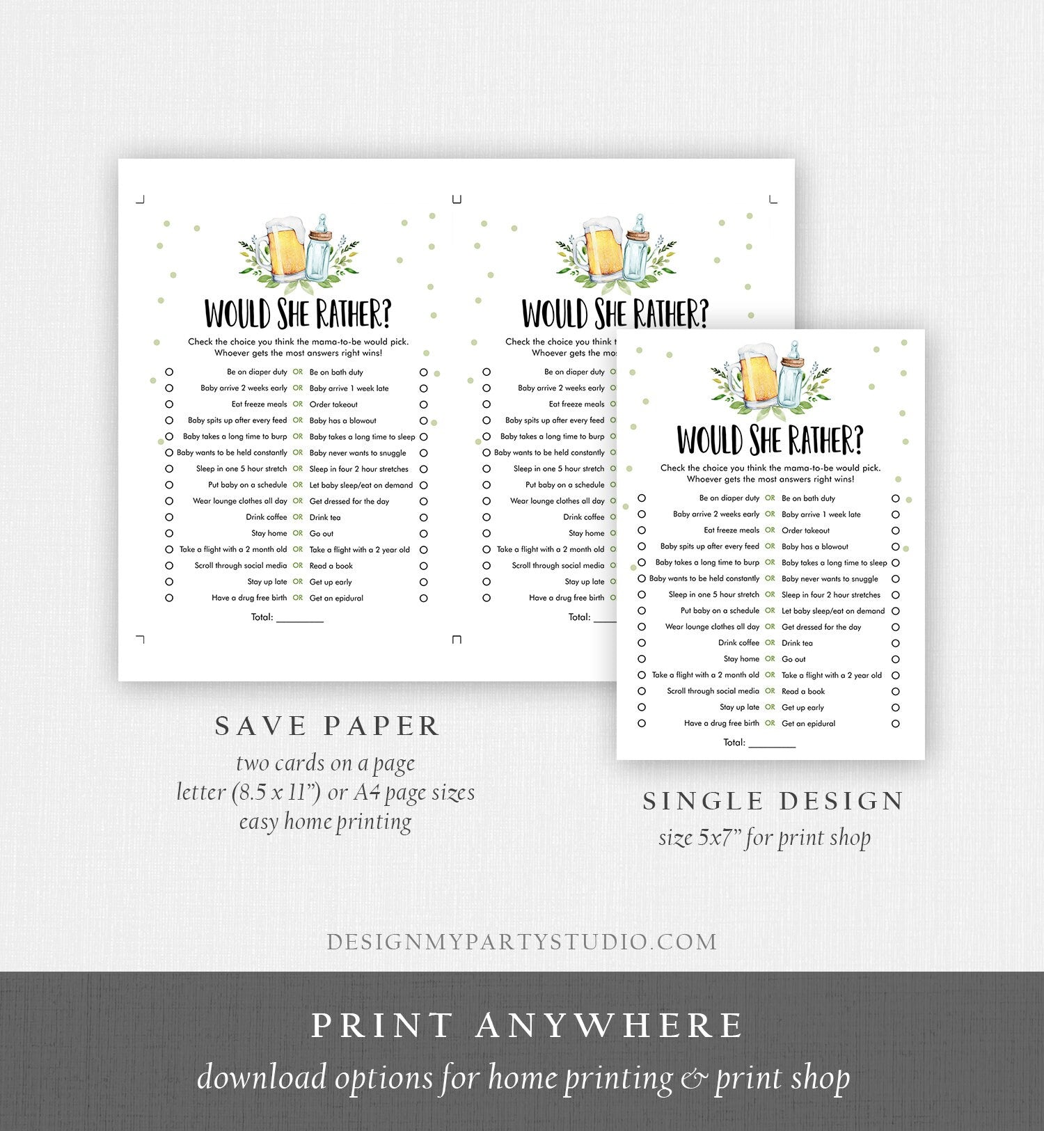 Editable Would She Rather Baby Shower Game Greenery Baby is Brewing Gender Neutral Activity Beer Bottle Corjl Template Printable 0190