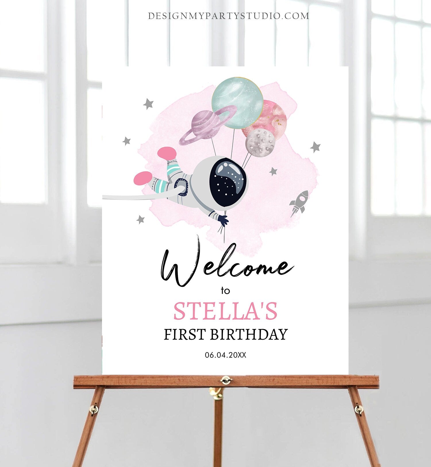 Editable Outer Space Birthday Welcome Sign 1st Birthday Girl Pink Galaxy Planets Trip Around the Sun Astronaut Template Printable 0366