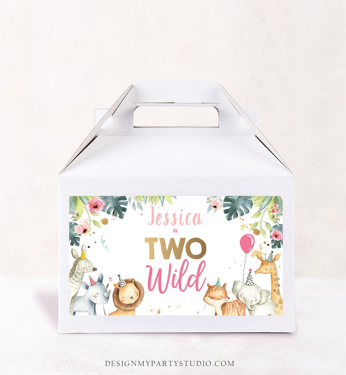 Editable Two Wild Safari Animals Birthday Gable Gift Box Labels Watercolor Party Animals Girl Pink Second Birthday 2nd Digital Corjl 0163