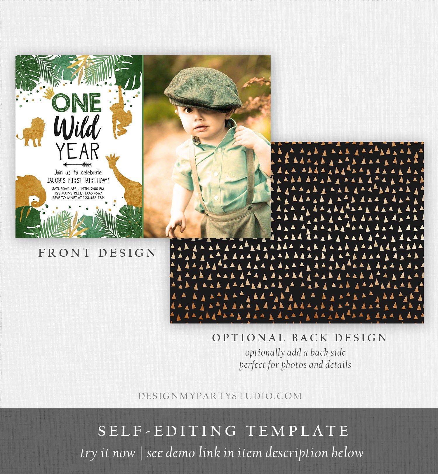 Editable Wild One Birthday Invite Safari Animals Jungle One Wild Year Black Gold First Birthday 1st Download Printable Corjl Template 0016