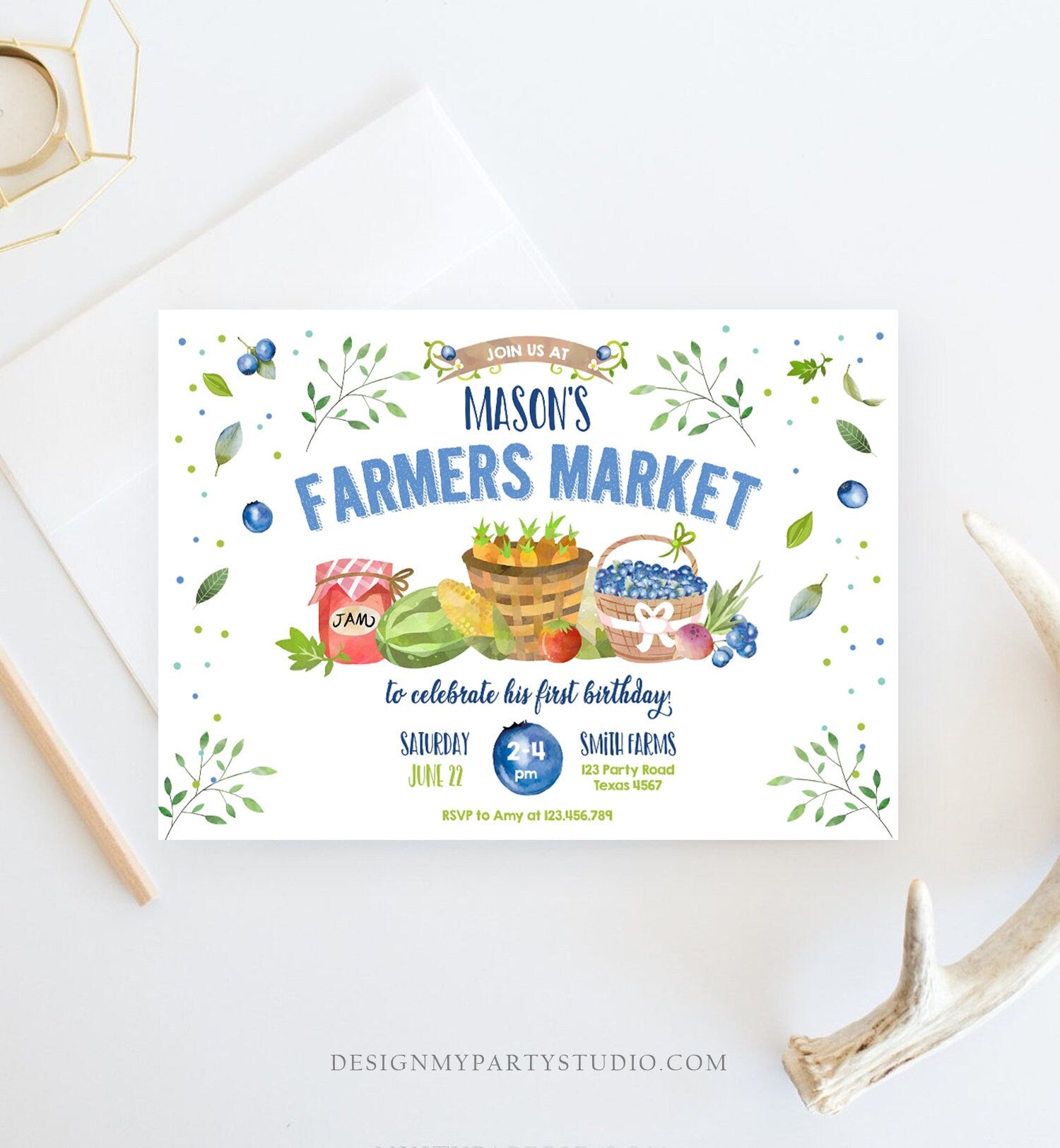 Editable Farmers Market Birthday Invitation Blueberry Strawberry Farm Party Fruits Market Home Grown Corjl Template Printable 0144