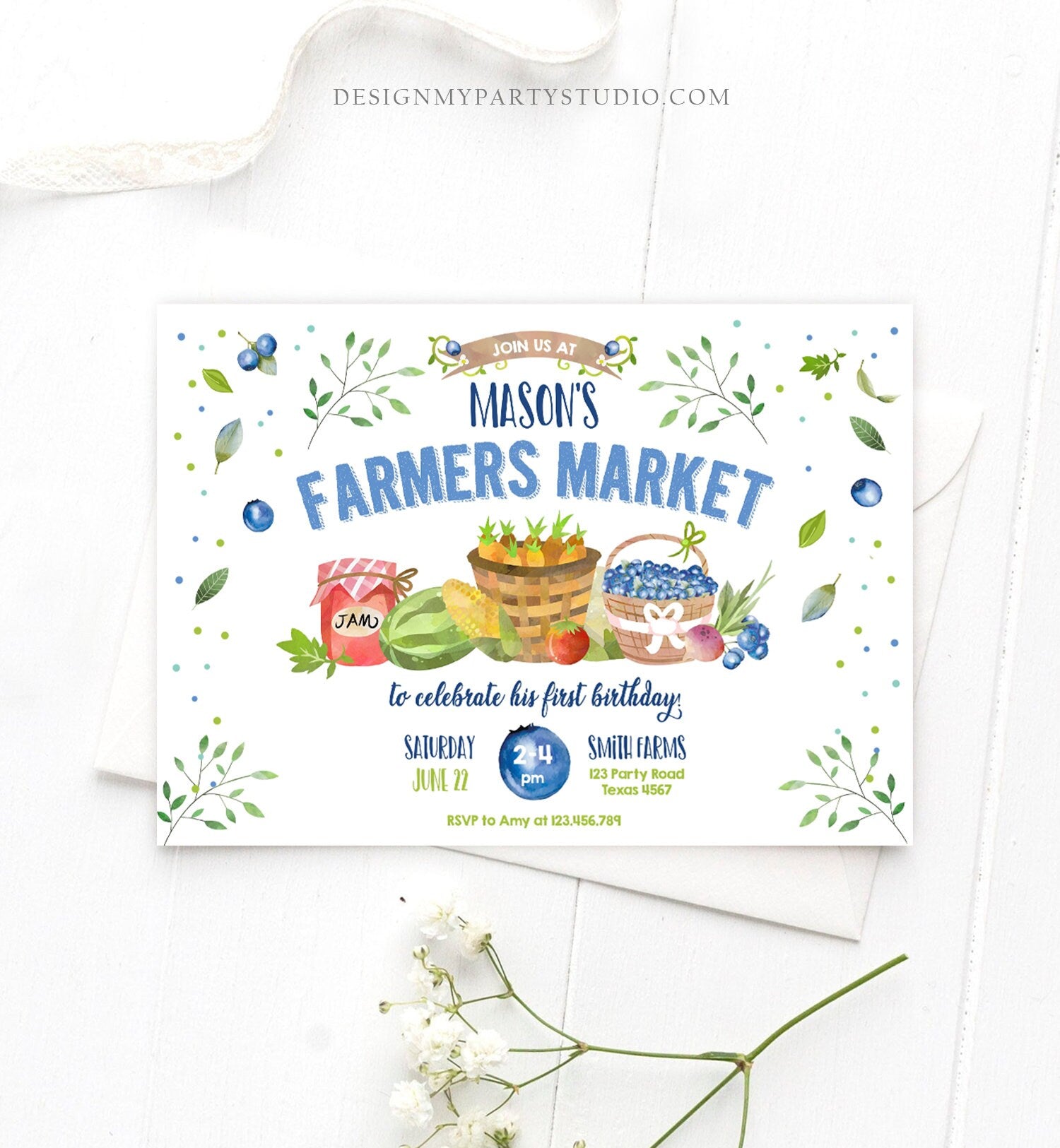 Editable Farmers Market Birthday Invitation Blueberry Strawberry Farm Party Fruits Market Home Grown Corjl Template Printable 0144