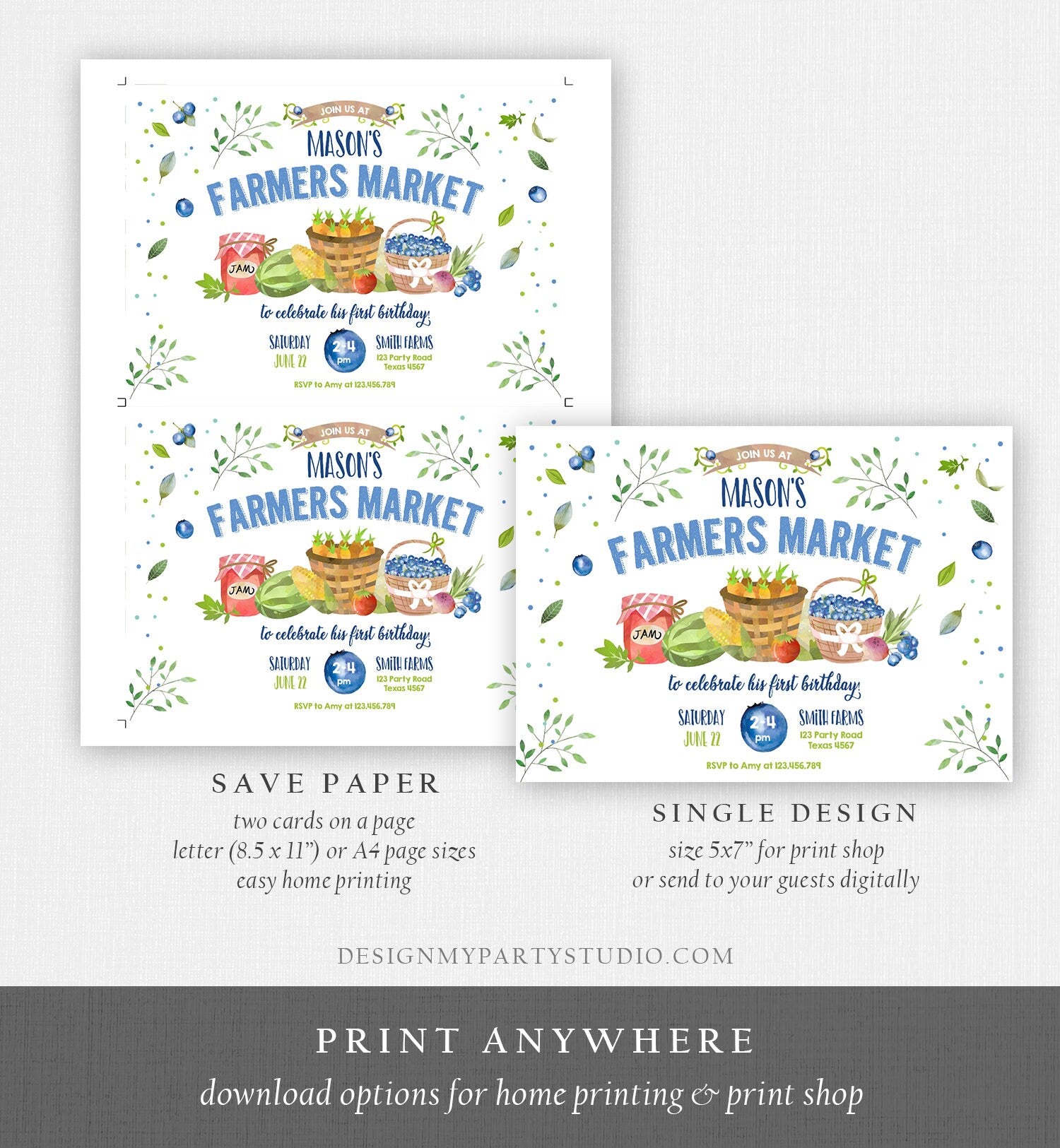 Editable Farmers Market Birthday Invitation Blueberry Strawberry Farm Party Fruits Market Home Grown Corjl Template Printable 0144