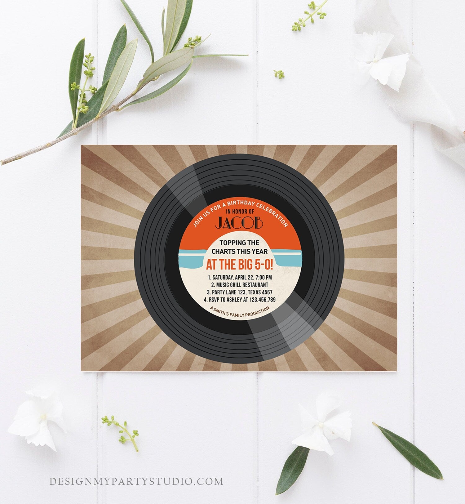 Editable Adult Birthday Invitation Vintage Vinyl Record Invite Oldies Surprise Birthday Download Printable Invitation Template Corjl 0294