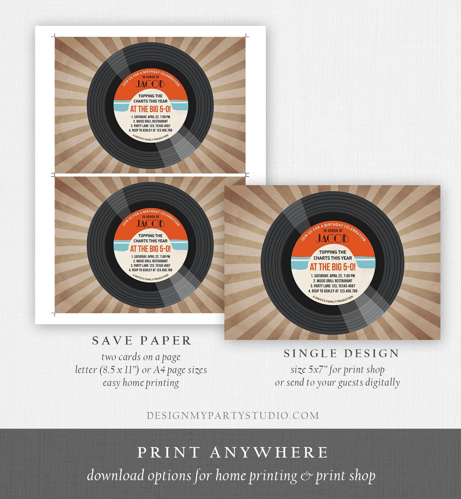 Editable Adult Birthday Invitation Vintage Vinyl Record Invite Oldies Surprise Birthday Download Printable Invitation Template Corjl 0294