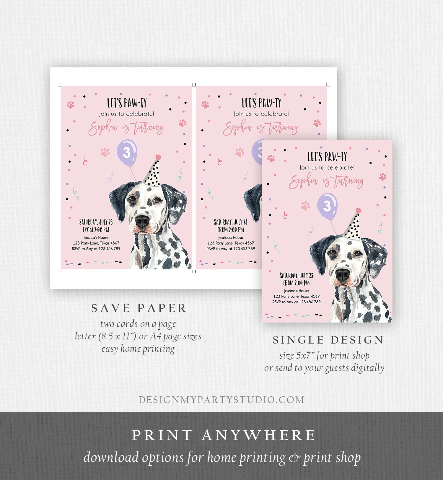 Editable Dog Birthday Party Invitation Dalmatian Birthday Invite Pink Girl Come Sit Stay Party Animal Download Printable Template Corjl 0384