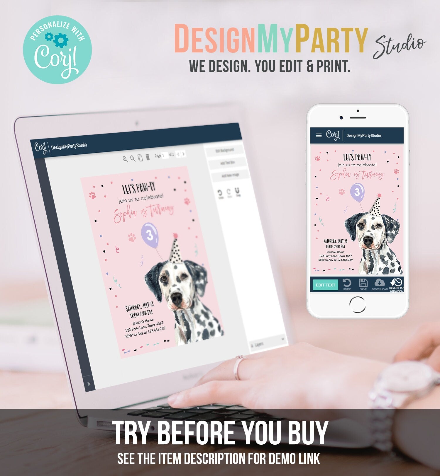 Editable Dog Birthday Party Invitation Dalmatian Birthday Invite Pink Girl Come Sit Stay Party Animal Download Printable Template Corjl 0384