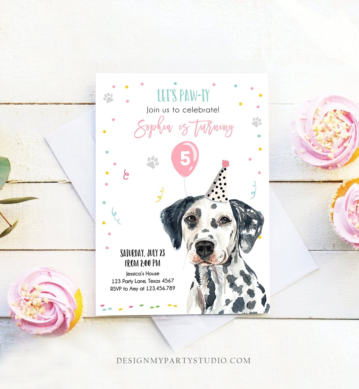 Editable Dog Birthday Party Invitation Dalmatian Birthday Invite Pink Girl Come Sit Stay Party Animal Download Printable Template Corjl 0384