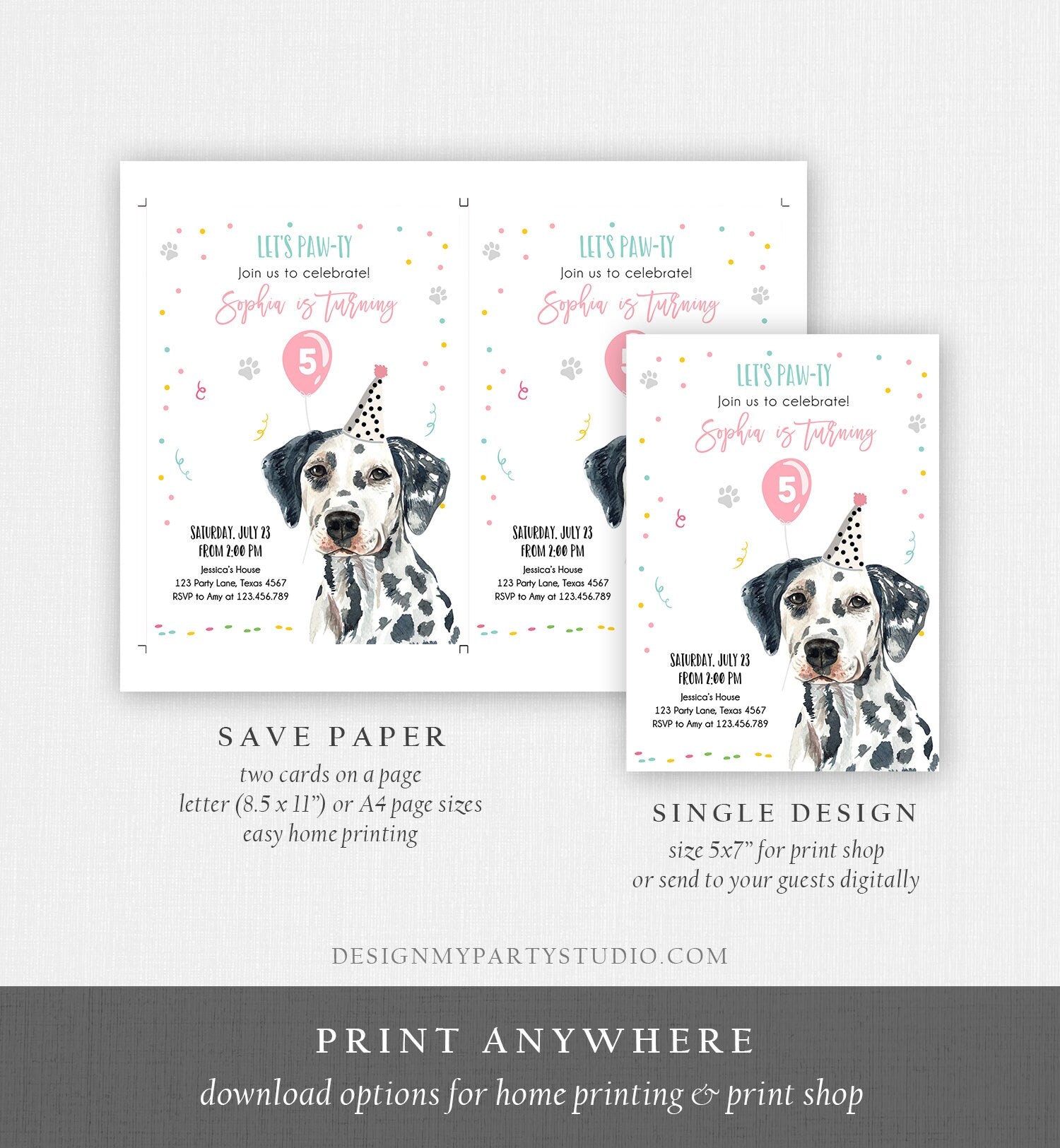 Editable Dog Birthday Party Invitation Dalmatian Birthday Invite Pink Girl Come Sit Stay Party Animal Download Printable Template Corjl 0384