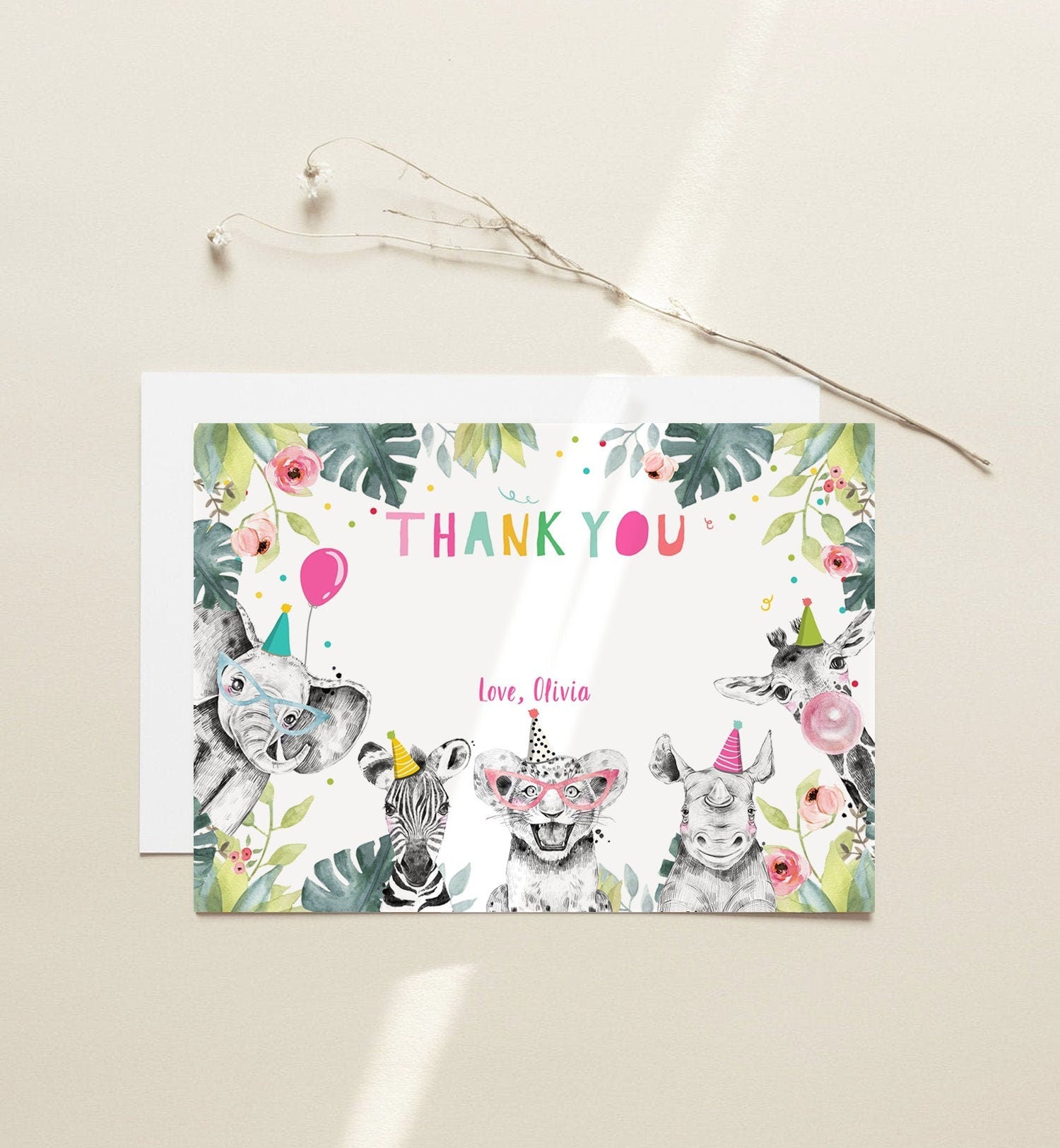 Editable Party Animals Thank You Card Note Wild One Safari Animals Girl Pink Jungle Zoo Safari Party Download Printable Corjl Template 0322