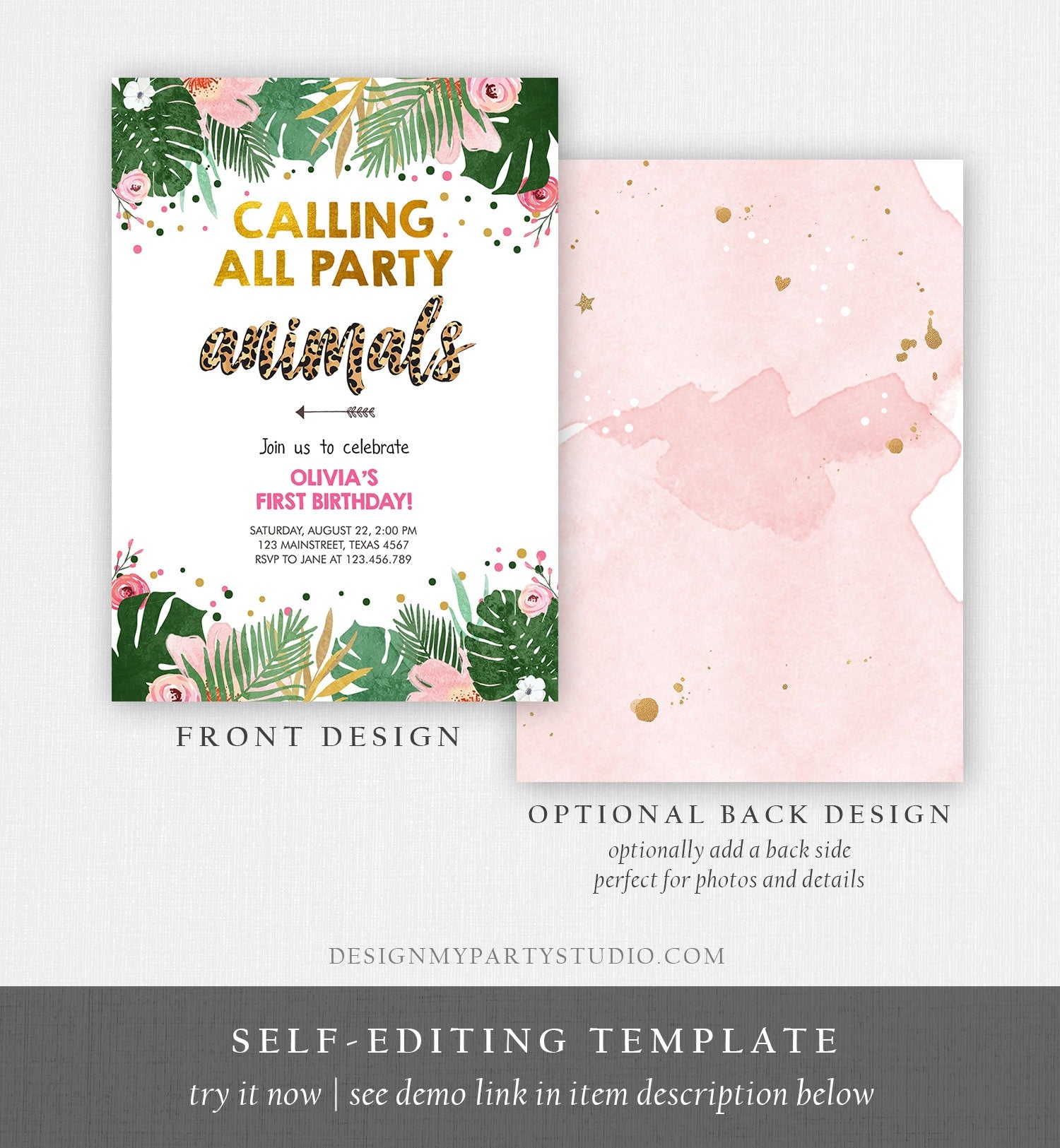 Editable Party Animals Birthday Invitation Girl Calling All Safari Pink Leopard Jungle Wild One Child Download Corjl Template Printable 0332