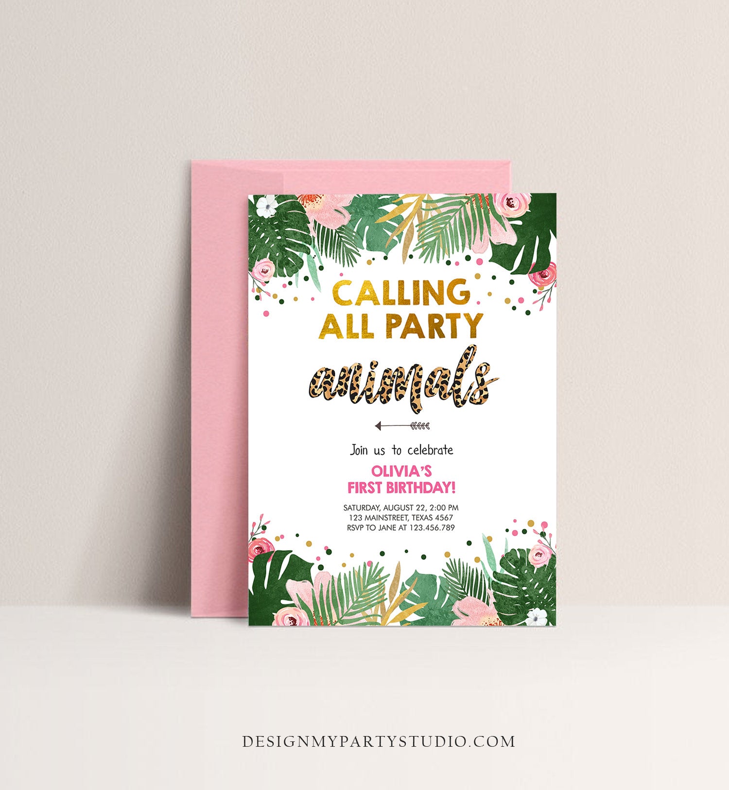 Editable Party Animals Birthday Invitation Girl Calling All Safari Pink Leopard Jungle Wild One Child Download Corjl Template Printable 0332