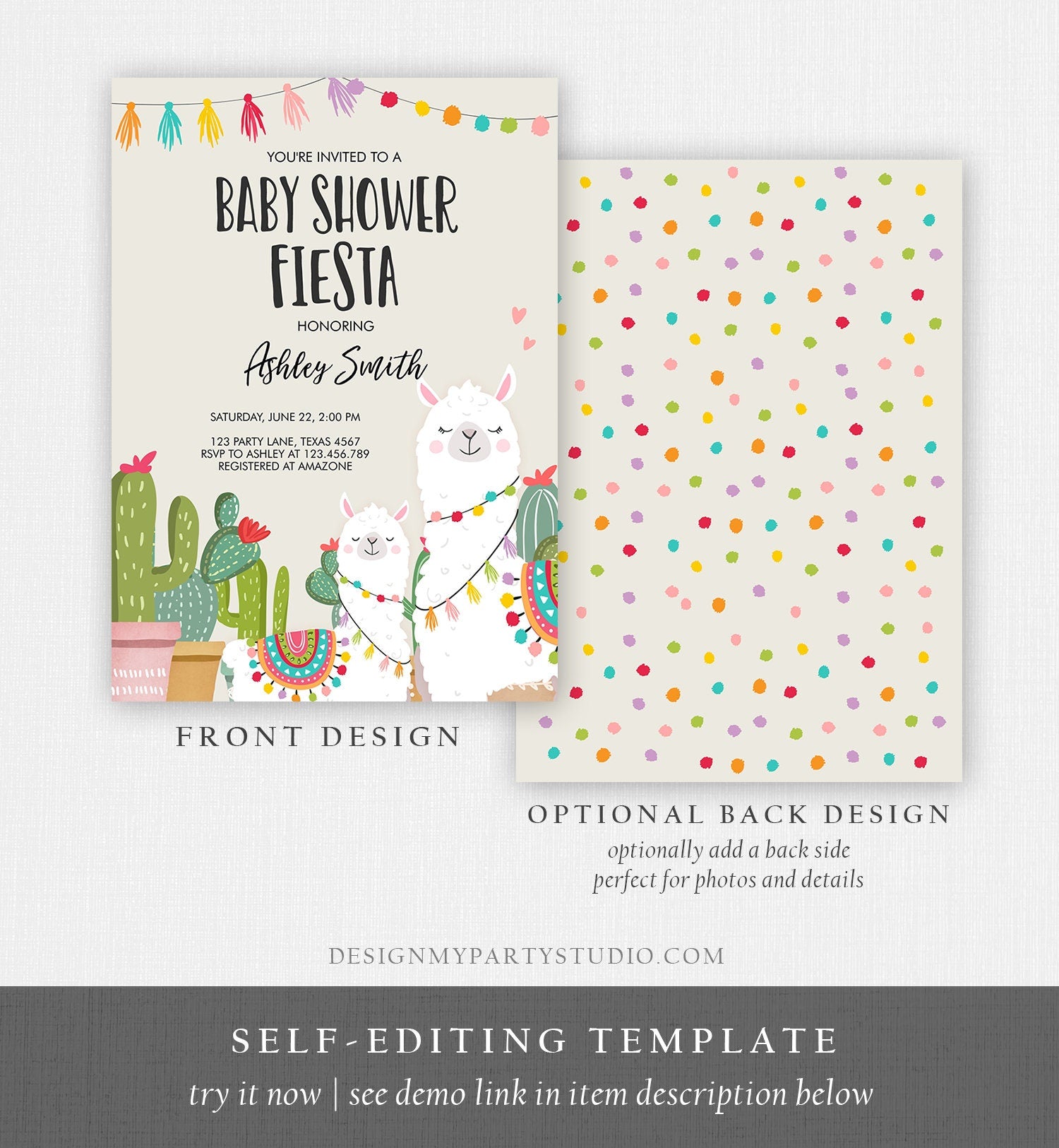 Editable Llama Baby Shower Invitation Alpaca Fiesta Shower Cactus Mexican Coed Couples Shower Download Printable Corjl Template Digital 0079