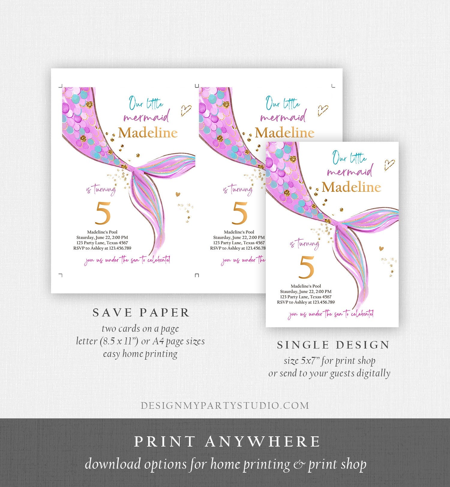 Editable Mermaid Birthday Party Invitation Girl Pink Purple Gold Mermaid Birthday Under The Sea Download Printable Template Corjl 0403