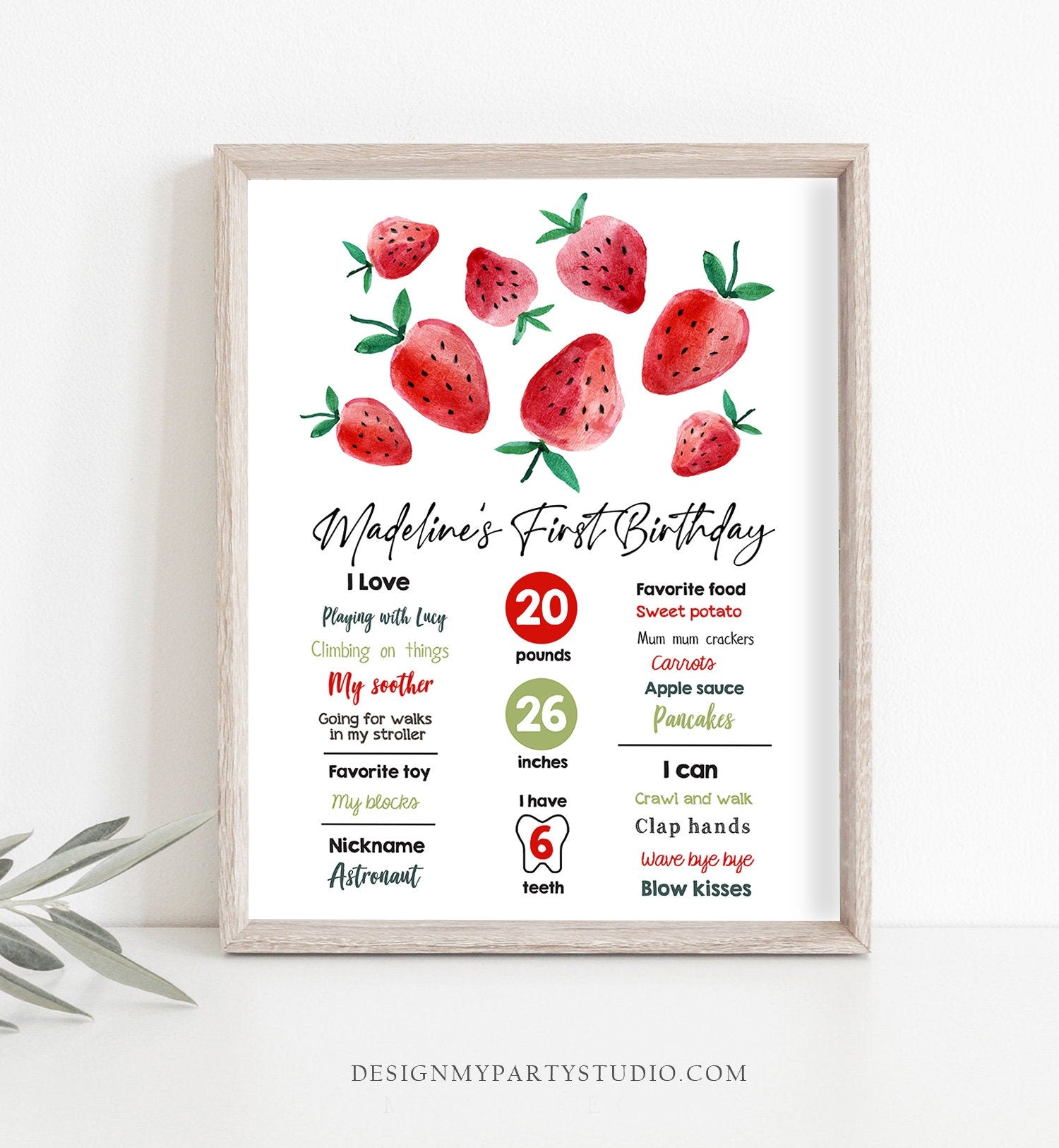 Editable Strawberry Birthday Milestones Sign Strawberry First Birthday Girl Strawberries Watercolor Download Template Printable Corjl 0399