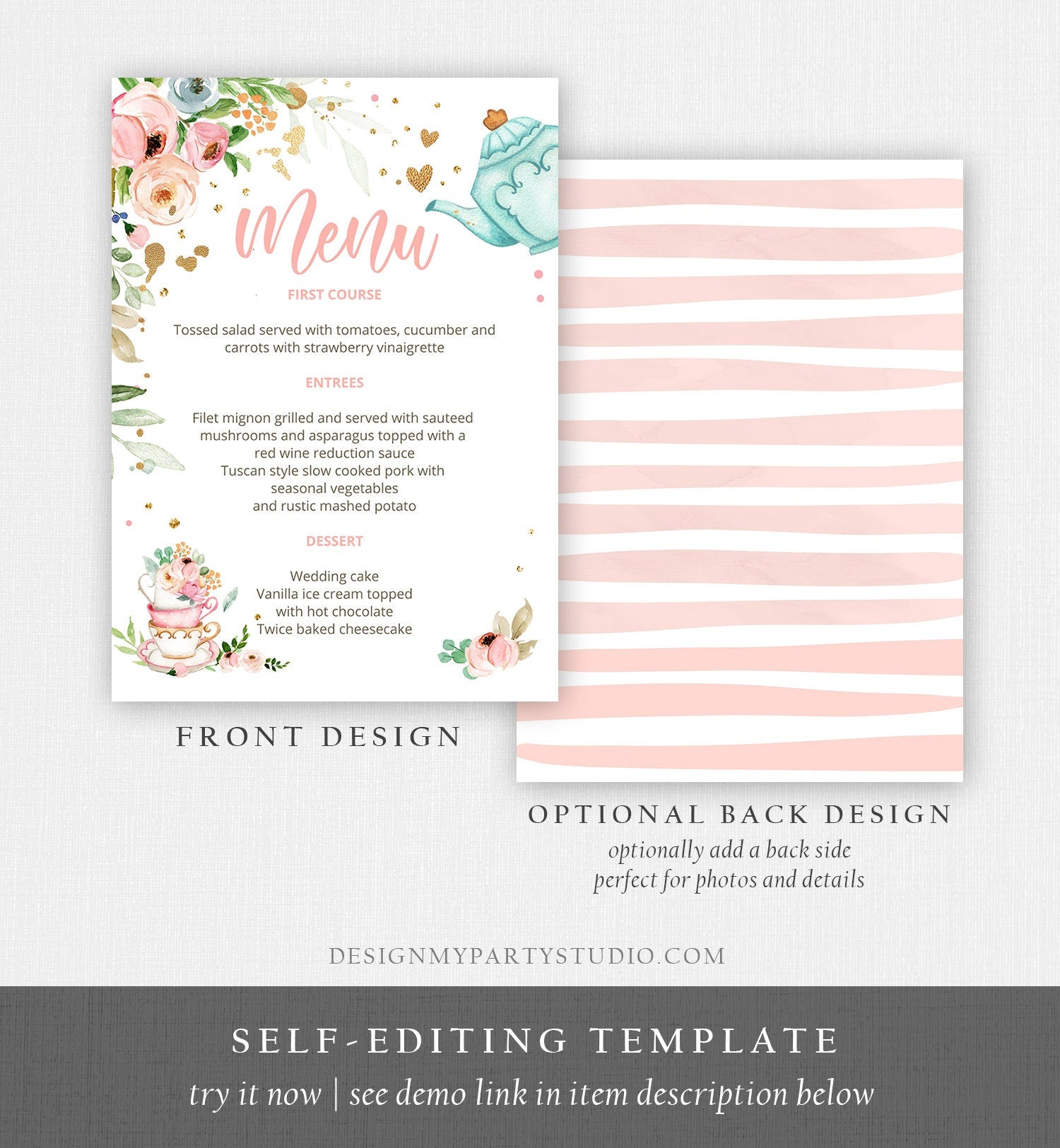 Editable Floral Tea Menu Card Tea Birthday Pink Gold Confetti Floral Tea Baby Shower Baby is Brewing Download Corjl Template Printable 0349