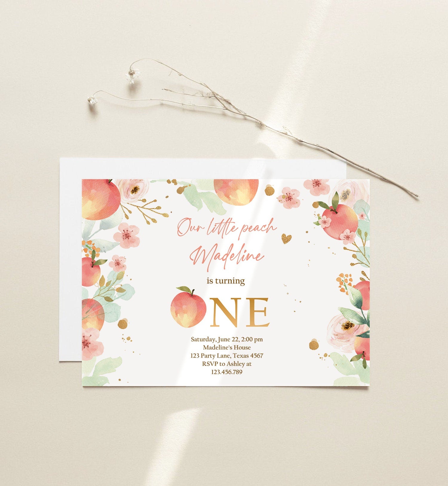 Editable Little Peach Birthday Invitation First Birthday Floral Gold Girl Peach 1st Peaches Download Printable Template Corjl Digital 0401