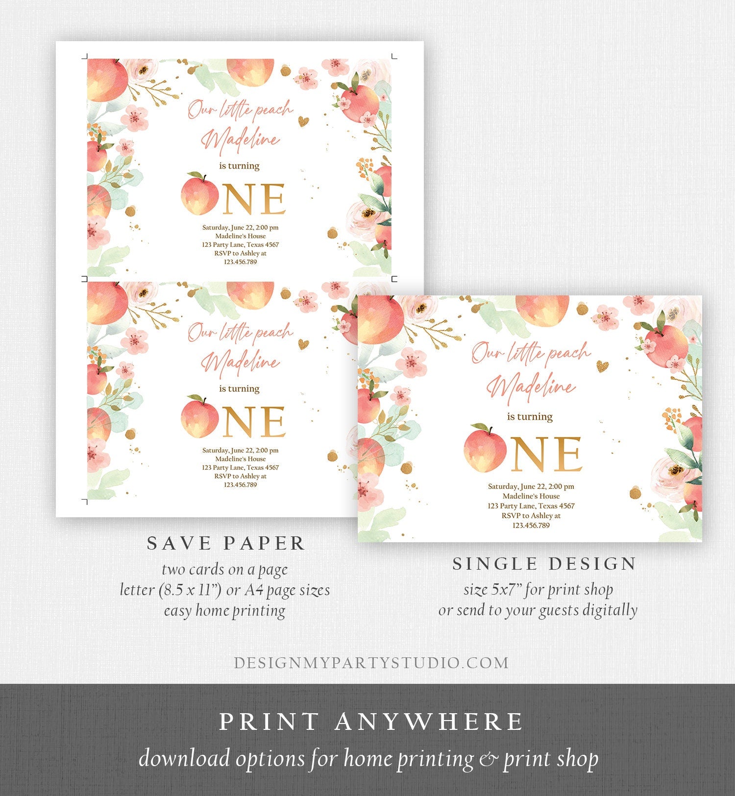 Editable Little Peach Birthday Invitation First Birthday Floral Gold Girl Peach 1st Peaches Download Printable Template Corjl Digital 0401