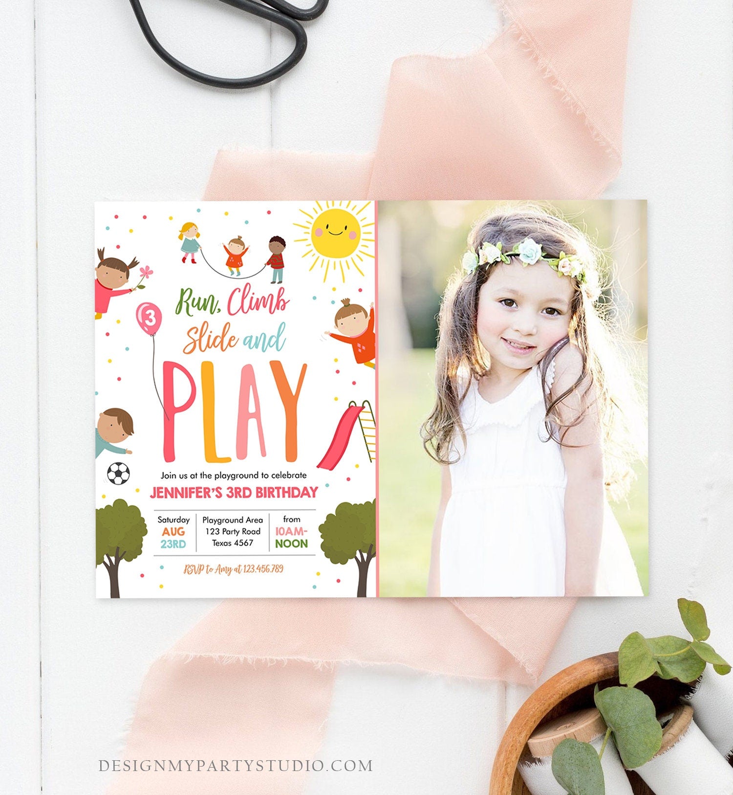 Editable Playground Birthday Invitation Party In The Park Girl Pink Run Climb Slide and Play Download Printable Template Corjl Digital 0327