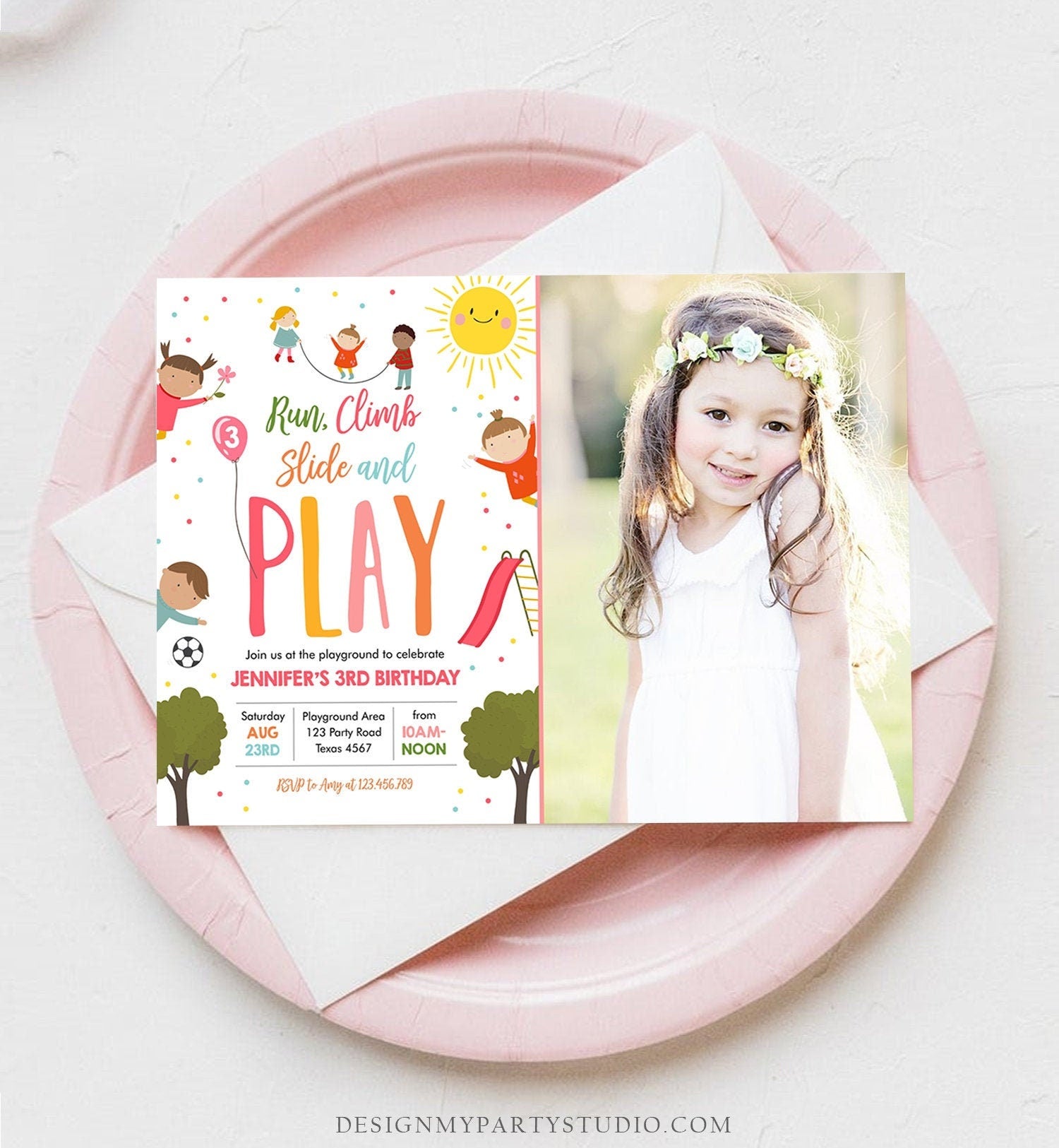 Editable Playground Birthday Invitation Party In The Park Girl Pink Run Climb Slide and Play Download Printable Template Corjl Digital 0327