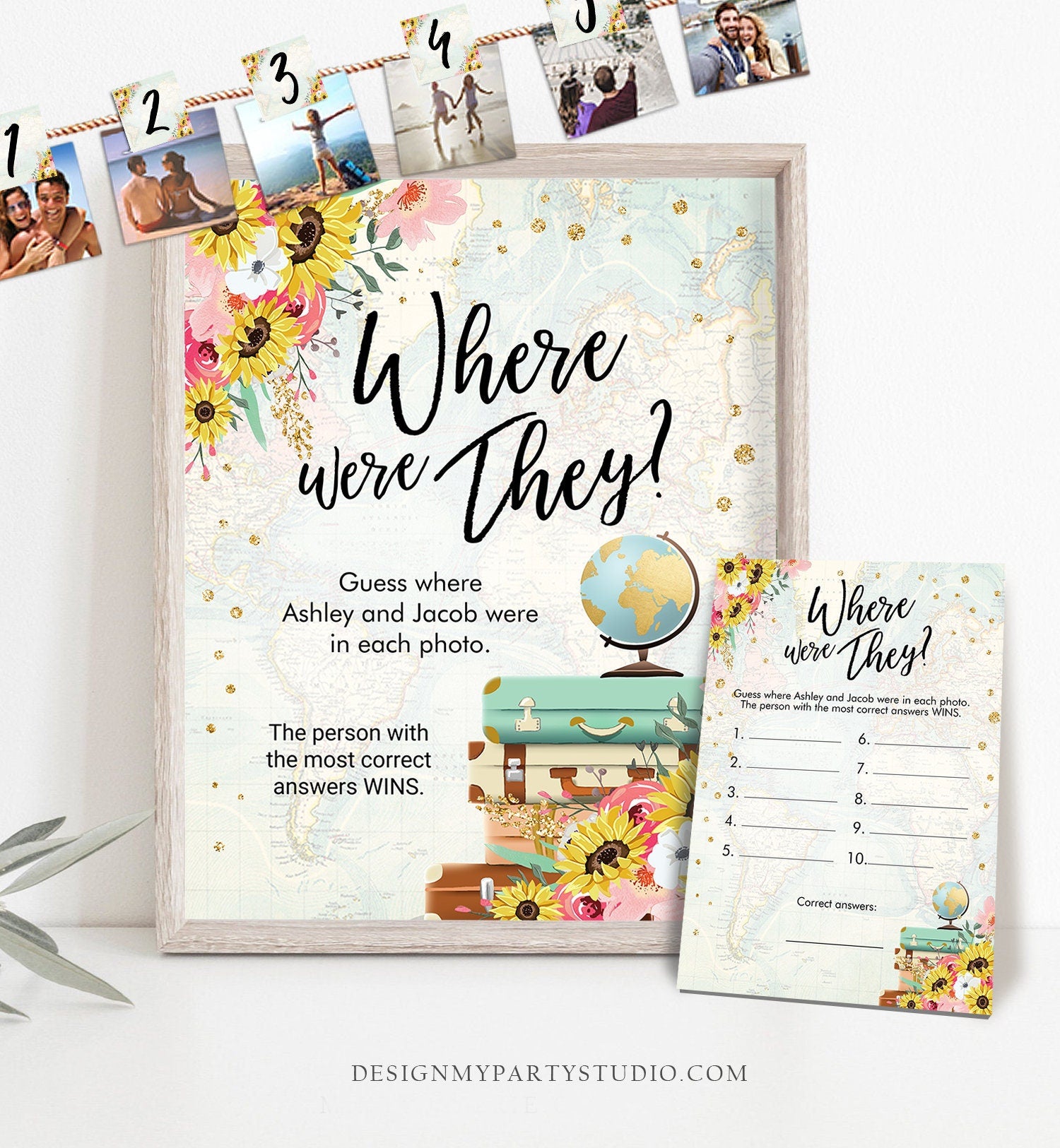 Editable Where were They? Bridal Shower Game Wedding Shower Activity Sunflowers Travel Adventure Bride Groom Corjl Template PRINTABLE 0030