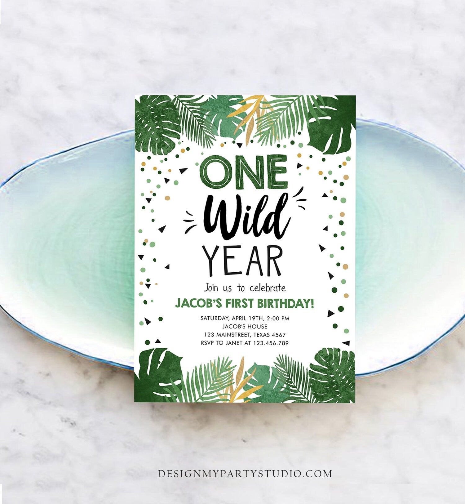 Editable One Wild Year Birthday Invitation Boy Tropical Safari Pink Jungle Wild One Wild Child Gold Download Corjl Template Printable 0332