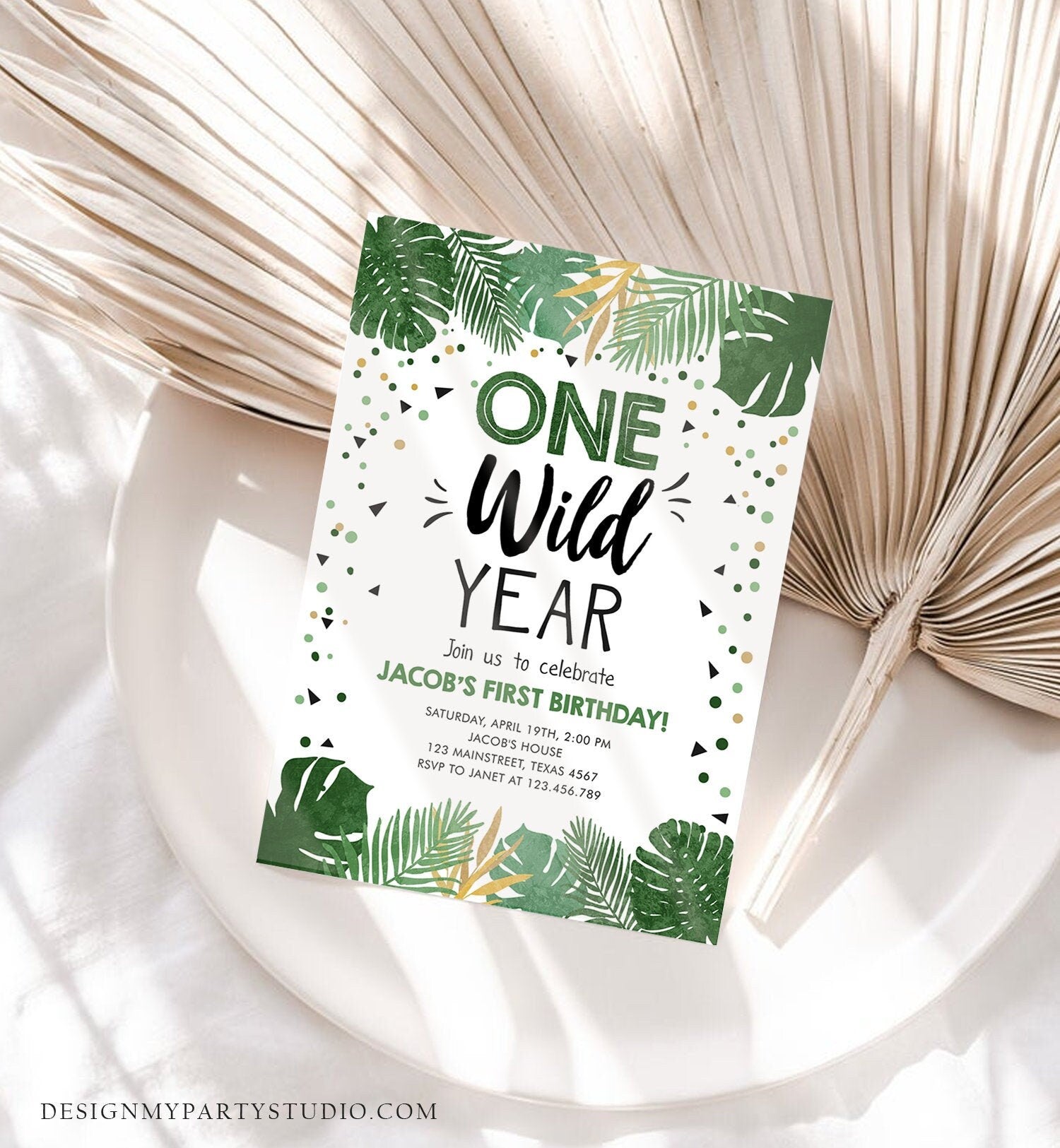 Editable One Wild Year Birthday Invitation Boy Tropical Safari Pink Jungle Wild One Wild Child Gold Download Corjl Template Printable 0332