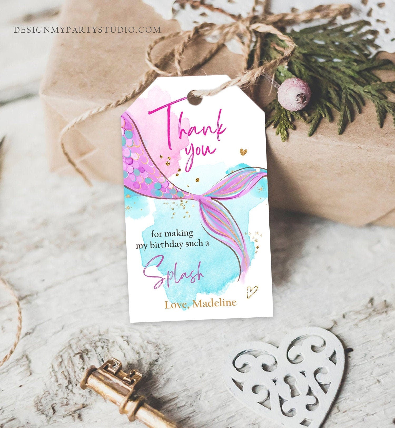 Editable Mermaid Birthday Favor Tags Under The Sea Thank you tags Mermaid Party Girl Pink Purple Gold Download Template Corjl PRINTABLE 0403