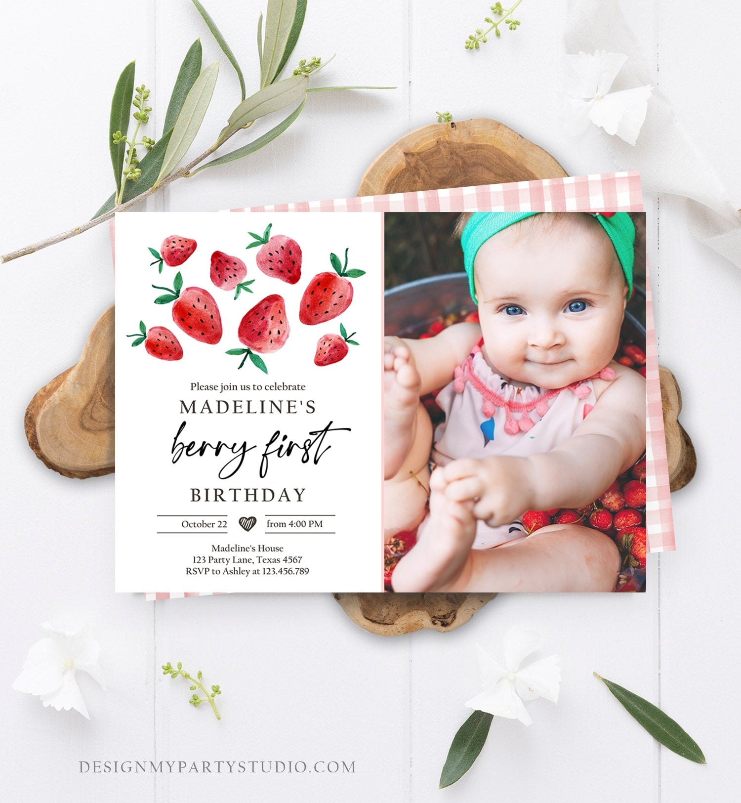 Editable Strawberry Birthday Invitation First Birthday Berry Sweet Girl Cute Strawberries 1st Download Printable Template Corjl Digital 0399