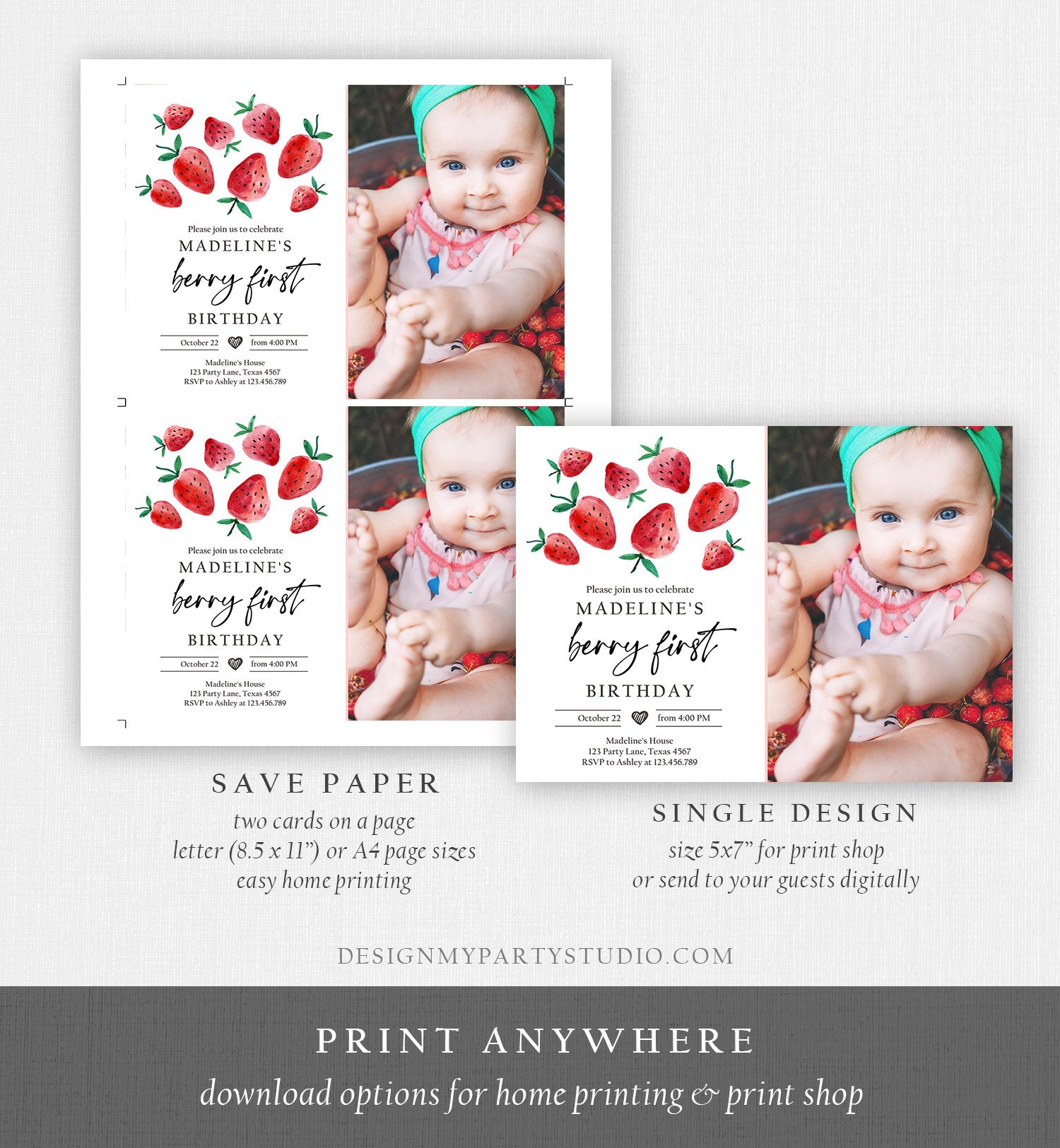 Editable Strawberry Birthday Invitation First Birthday Berry Sweet Girl Cute Strawberries 1st Download Printable Template Corjl Digital 0399