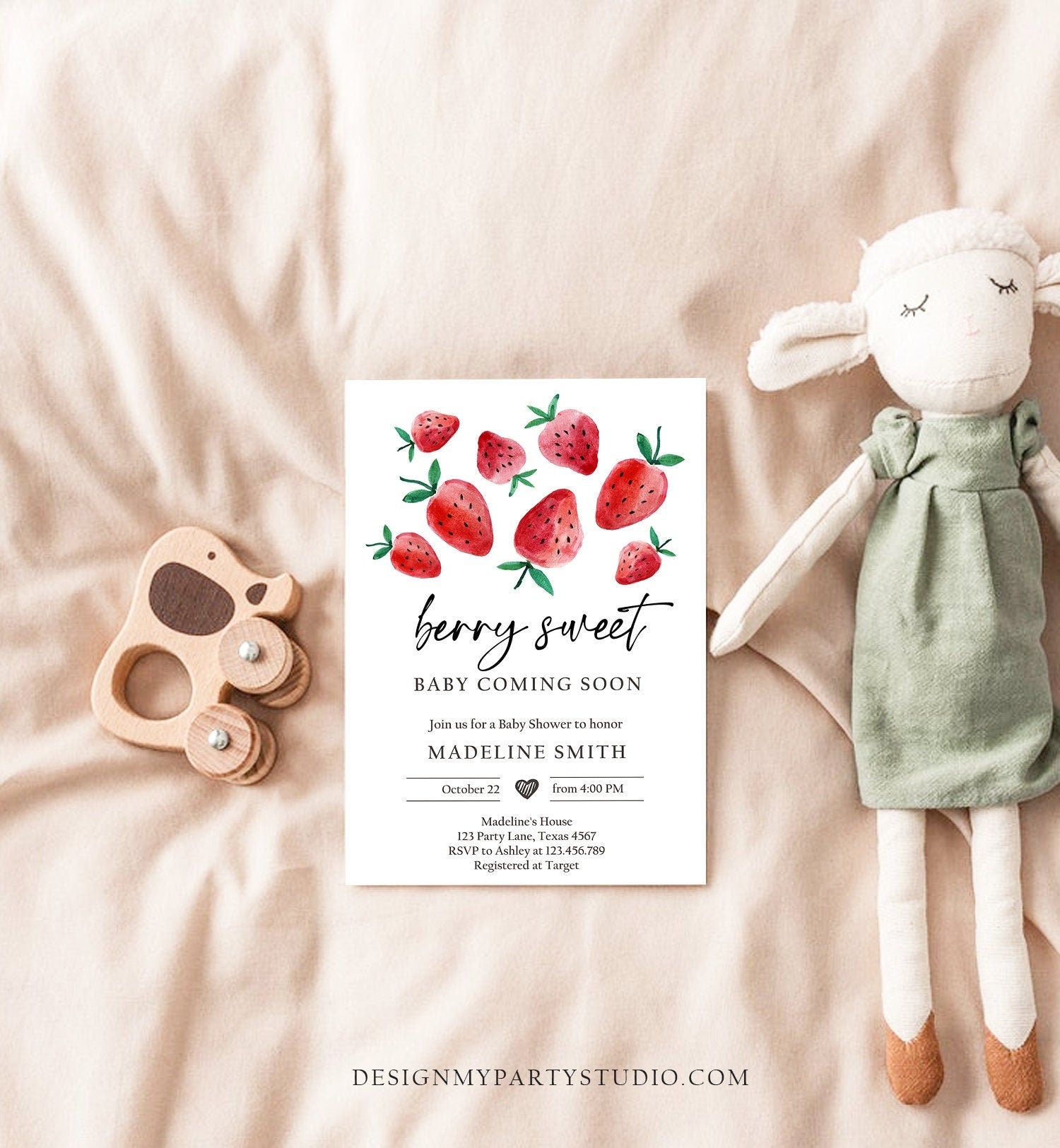 Editable Strawberry Baby Shower Invitation Cute Berry Sweet Baby Girl Strawberries Summer Download Printable Template Corjl Digital 0399