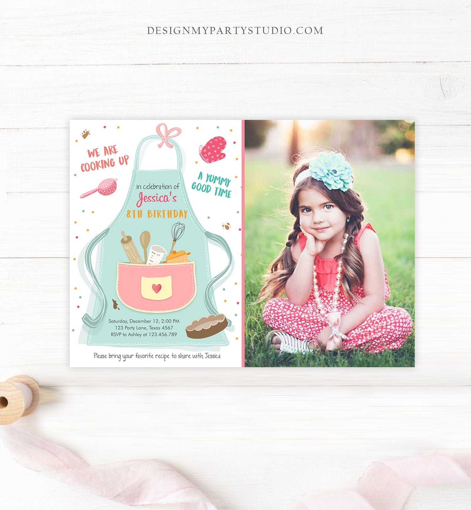 Editable Kids Kitchen Cooking Birthday Invitation Pink Girl Chef Baking Party Cakes Pies Cupcakes Download Printable Corjl Template 0219