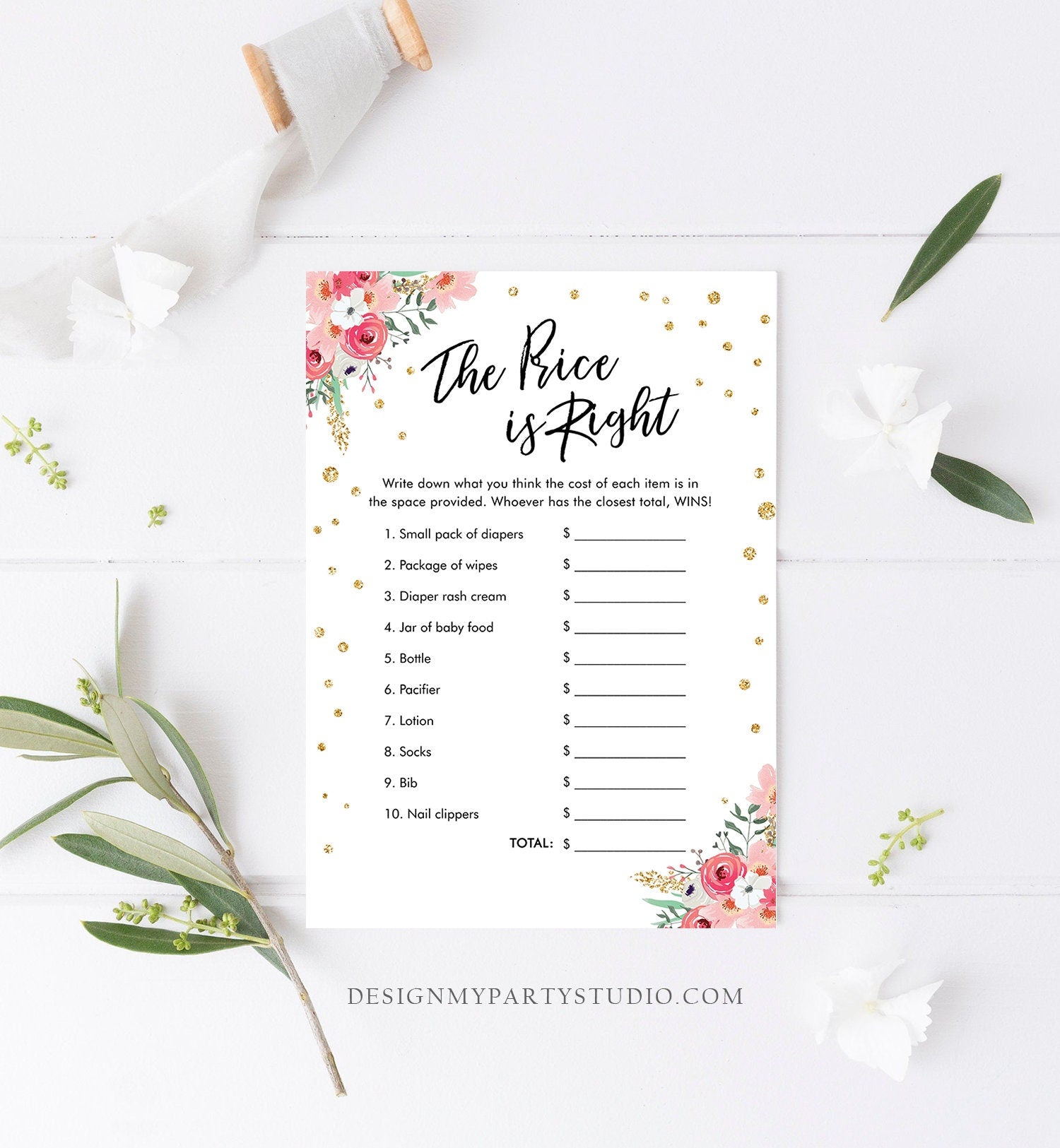 Editable The Price is Right Baby Shower Game Travel Adventure Begins Pink Floral Gold Confetti Shower Activity Corjl Template Printable 0030