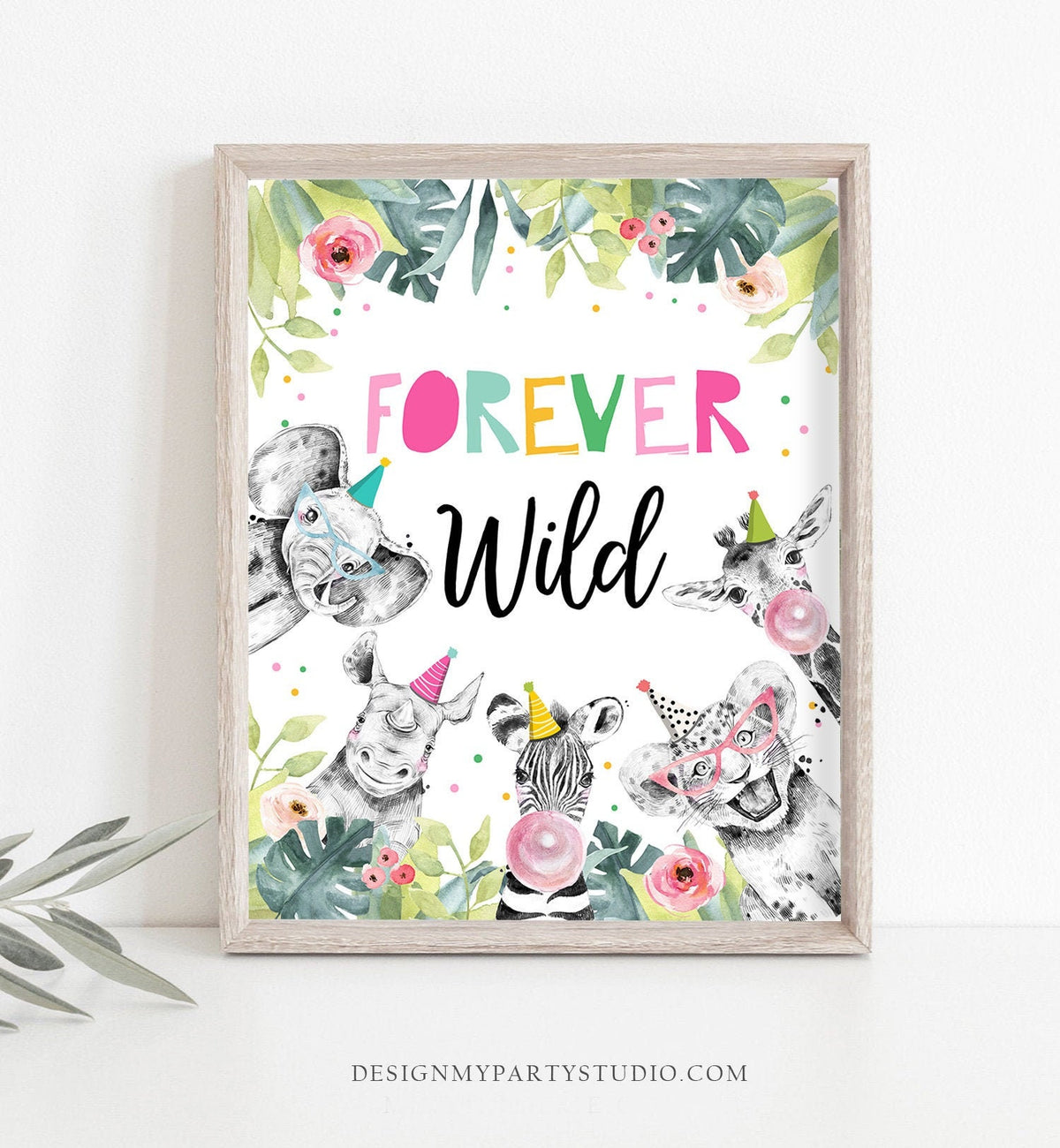 Forever Wild Birthday Sign Party Four Ever Fourth Birthday Safari Animals Party Animals Zoo Girl Pink Decor Instant Download Printable 0322