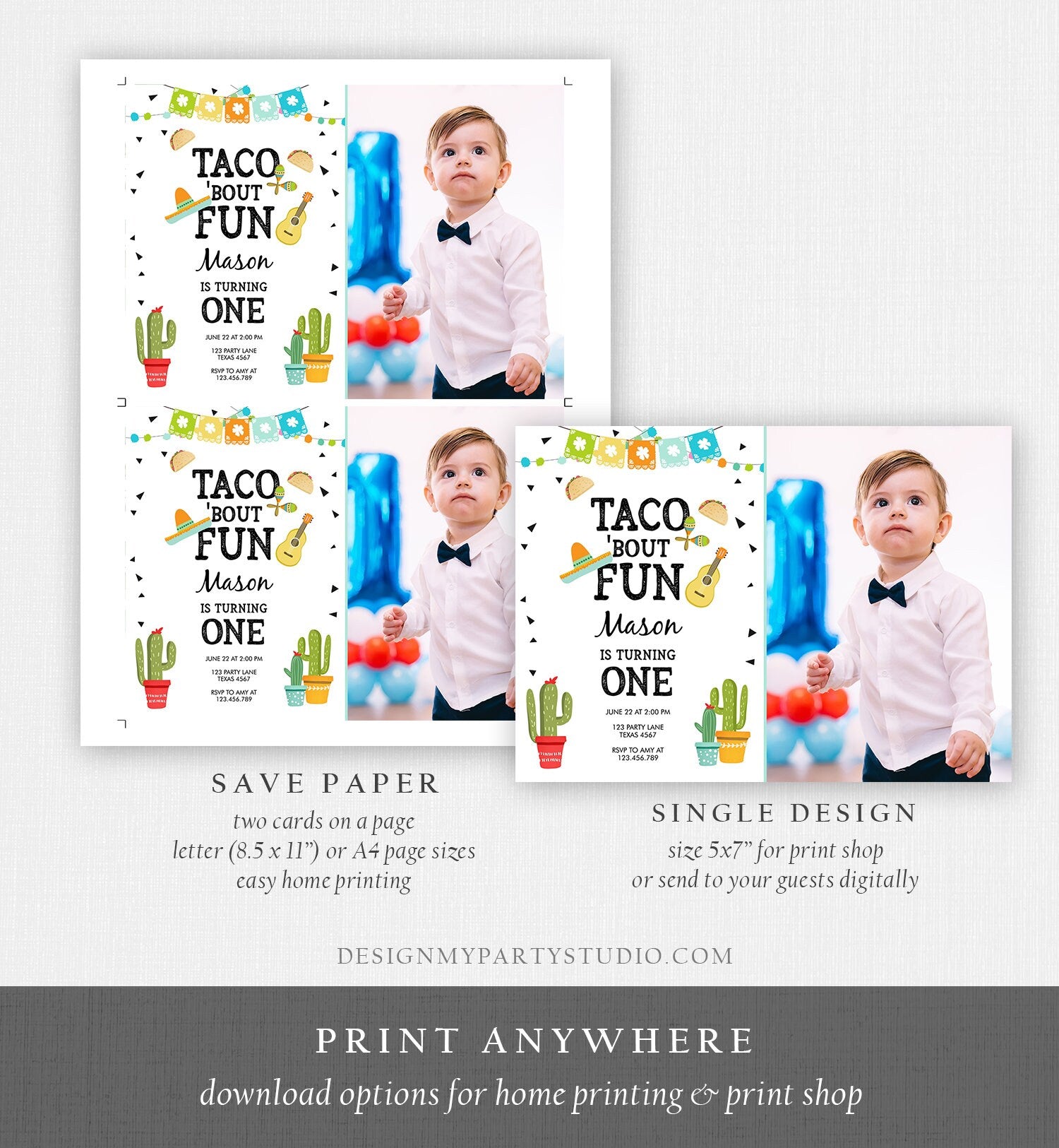 Editable Taco Bout Fun Birthday Invitation Boy First Fiesta Cactus Sombrero Blue Instant Download Printable Invitation Template Corjl 0161