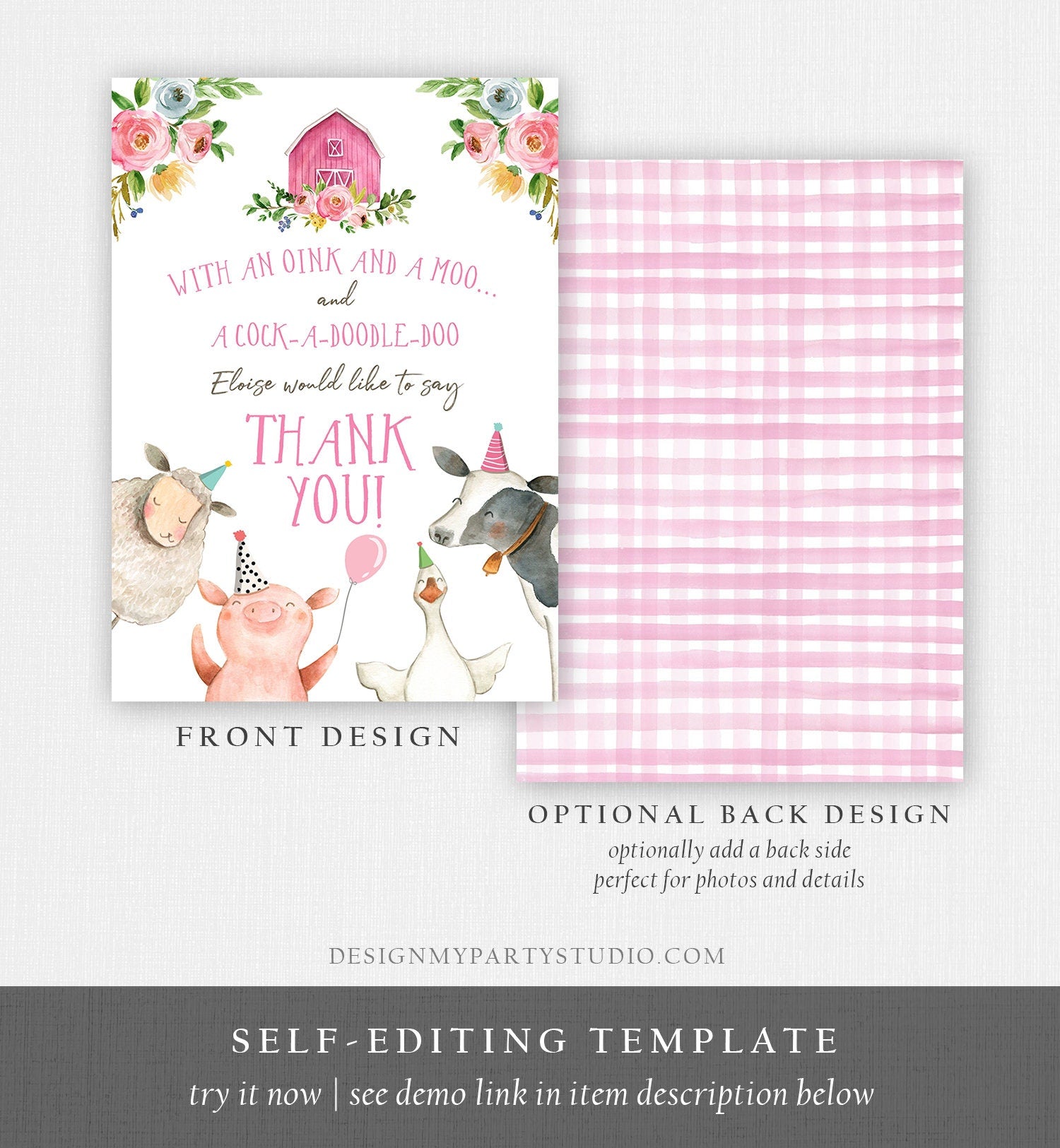 Editable Farm Animals Thank You Card Birthday Pink Gingham Party Animals Girl Barnyard Template Digital Download Printable 0155