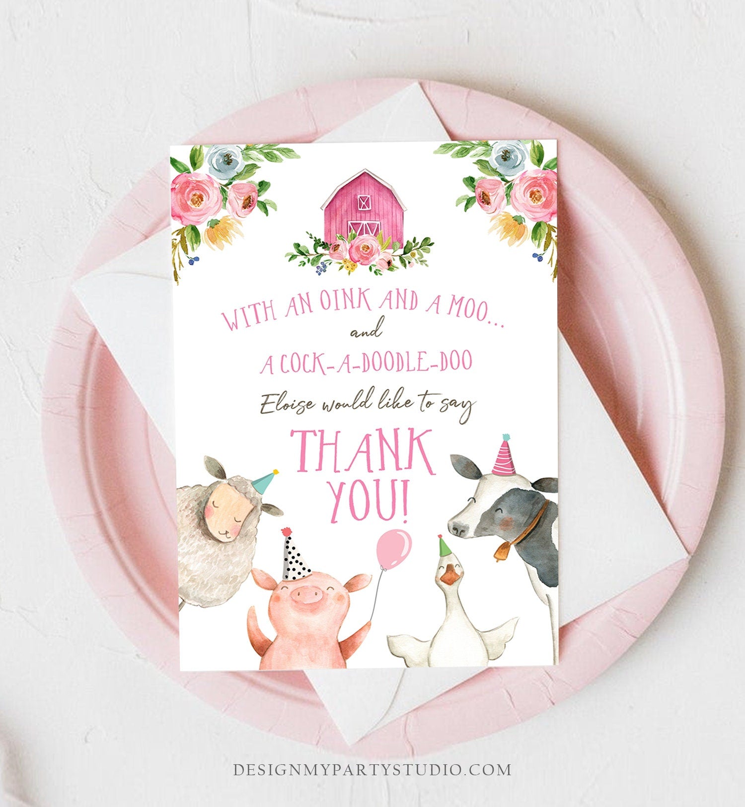 Editable Farm Animals Thank You Card Birthday Pink Gingham Party Animals Girl Barnyard Template Digital Download Printable 0155