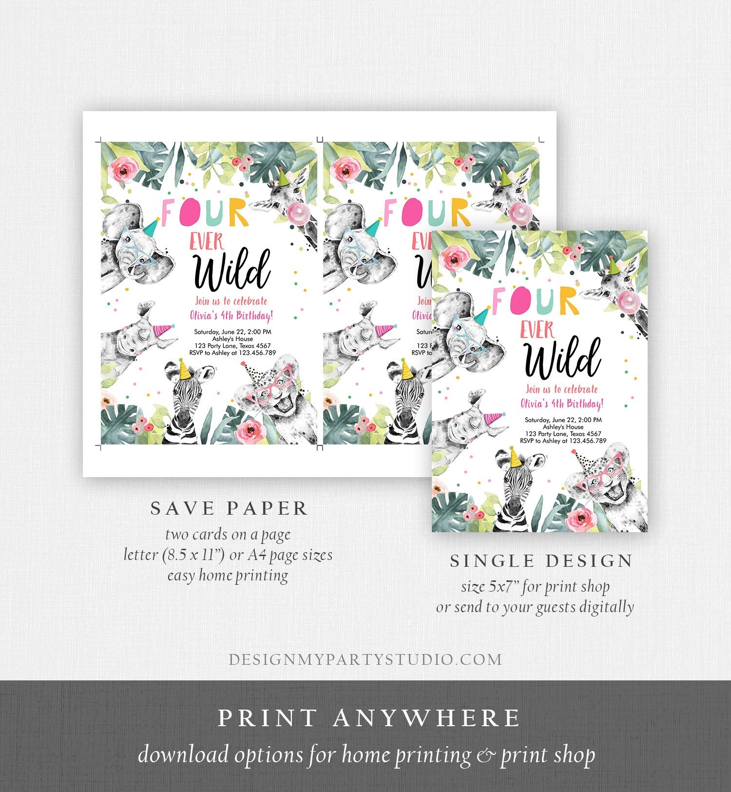 Editable Four Ever Wild Invitation Girl Pink and Gold Safari Animals Zoo Instant 4th Fourever Digital Download Evite Template Printable 0322