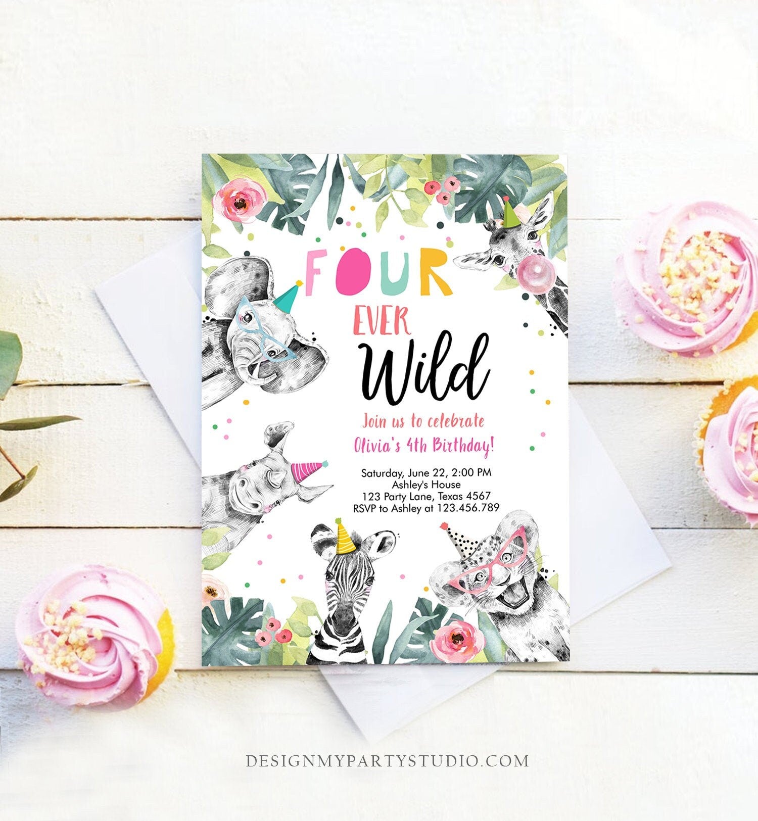 Editable Four Ever Wild Invitation Girl Pink and Gold Safari Animals Zoo Instant 4th Fourever Digital Download Evite Template Printable 0322